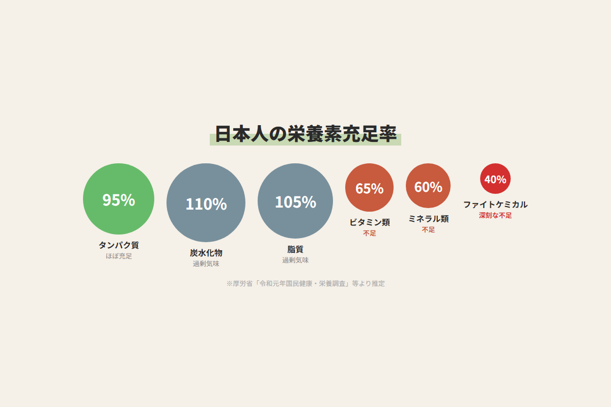 ファイトケミカルとは?野菜を食べてもスッキリしない原因と5色の食事術 4 栄養素のスケール比較図