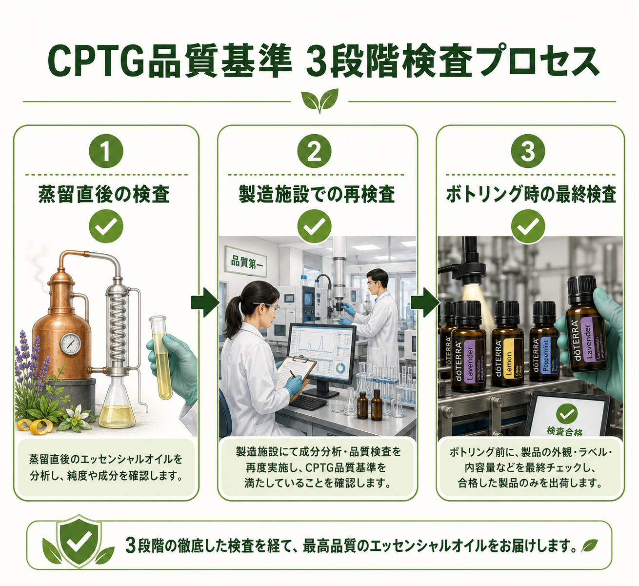 精油と薬の飲み合わせは大丈夫?薬剤師が教える精油の安全な使い方完全ガイド 4 doTERRA CPTGテストの3段階プロセスを図解した画像。「蒸留直後の検査→製造施設での再検査→ボトリング時の最終検査」を3つのステップで視覚的に示す。各ステップにGC-MS装置やチェックマークのアイコン