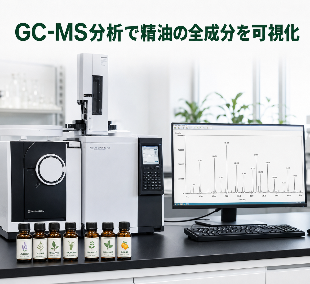 精油と薬の飲み合わせは大丈夫?薬剤師が教える精油の安全な使い方完全ガイド 5 GC-MS分析のイメージ画像。分析装置の写真と、クロマトグラムのチャート(ピークが並ぶグラフ)を配置。テキスト「GC-MS分析で精油の全成分を可視化」