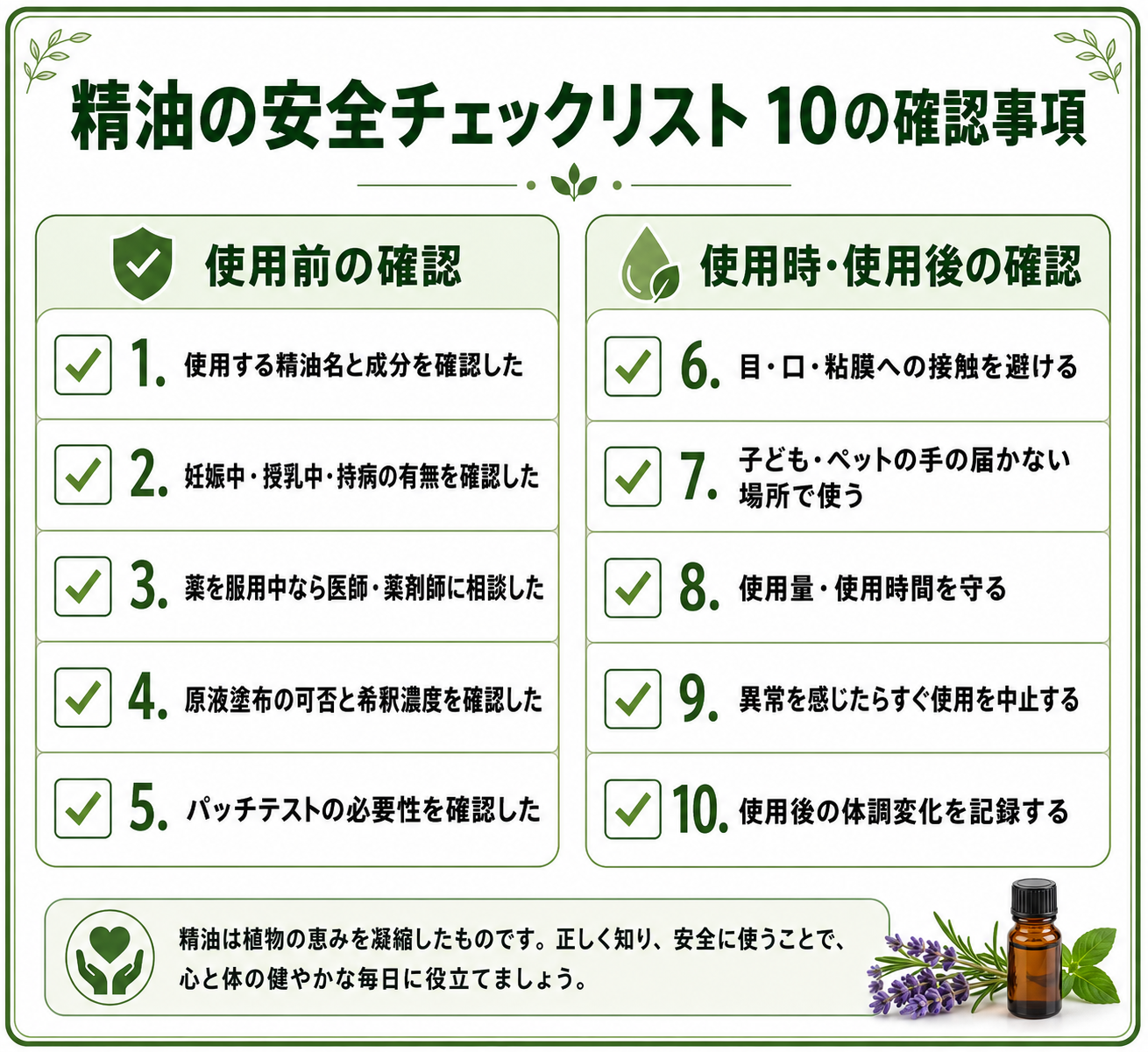 精油と薬の飲み合わせは大丈夫?薬剤師が教える精油の安全な使い方完全ガイド 7 チェックリスト風のデザイン画像。10項目のチェック項目が並び、各項目にチェックボックスとアイコン。タイトル「精油の安全チェックリスト 10の確認事項」。清潔感のある白地にグリーンのアクセントカラー