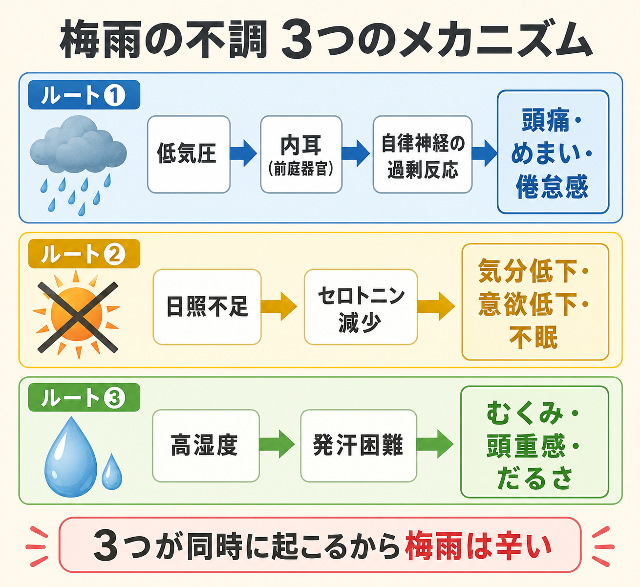 梅雨の不調3つのメカニズム図解 低気圧→内耳→自律神経の乱れ 日照不足→セロトニン低下 高湿度→発汗困難の3経路をフローチャートで表現