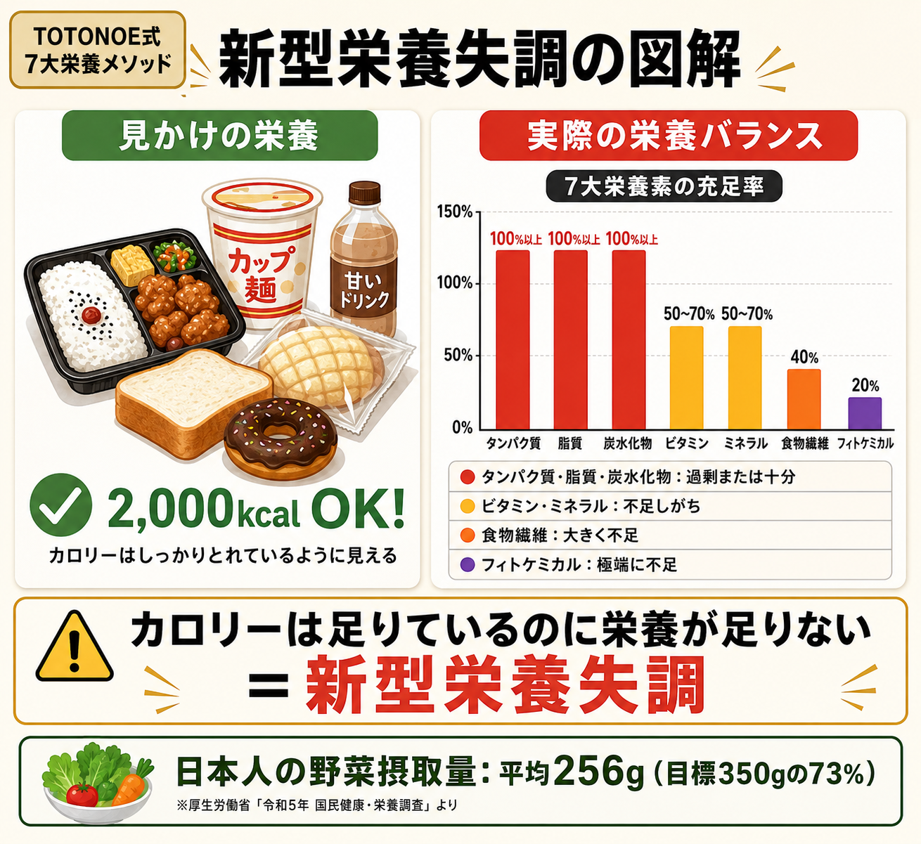 新型栄養失調の図解（カロリー充足×微量栄養素不足の対比）