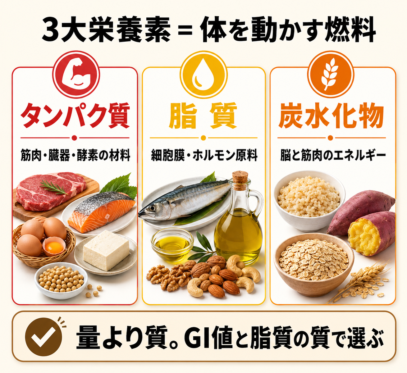 3大栄養素まとめ（タンパク質・脂質・炭水化物の役割と代表食材を3列レイアウト）