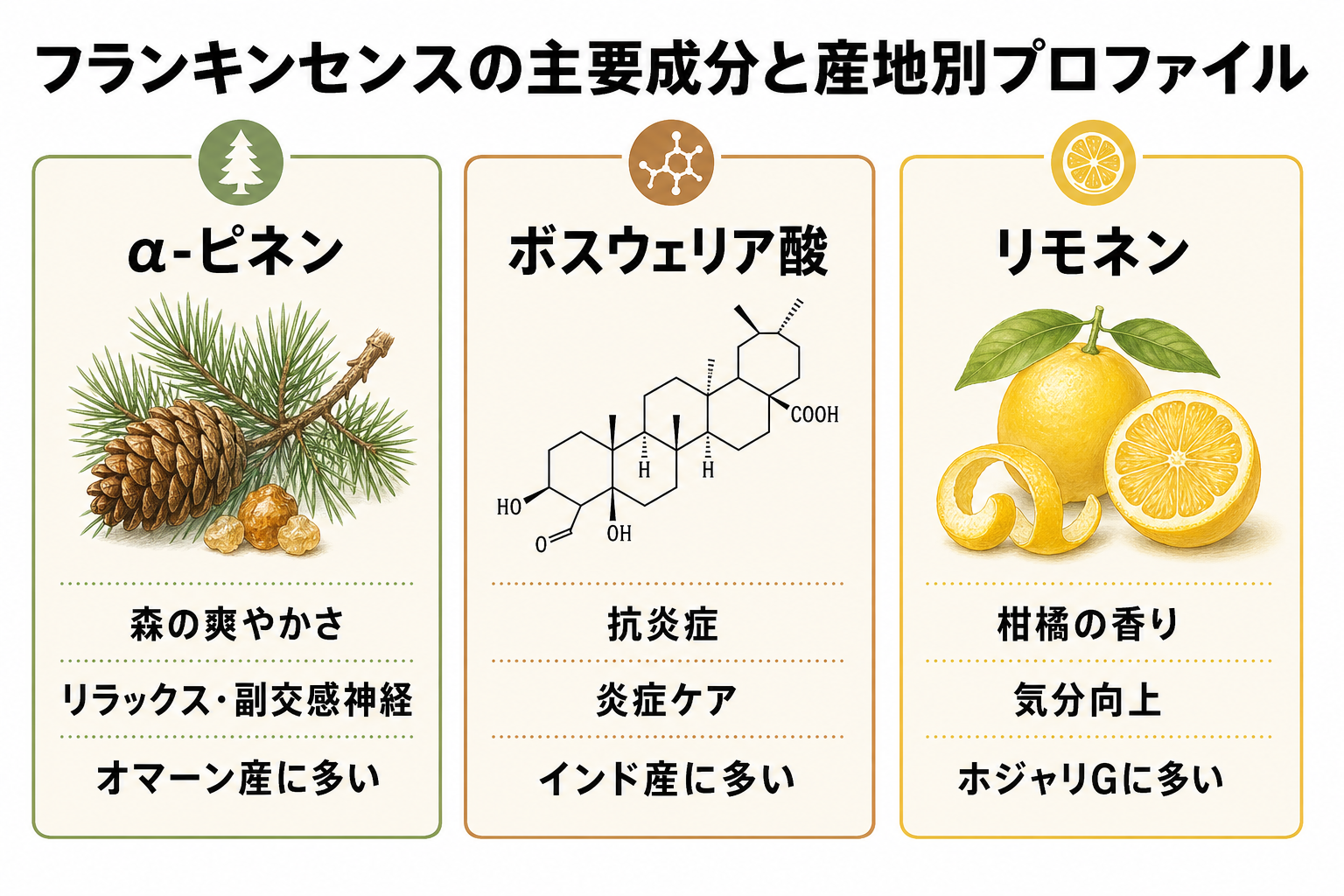 フランキンセンスの主要成分と産地別プロファイル