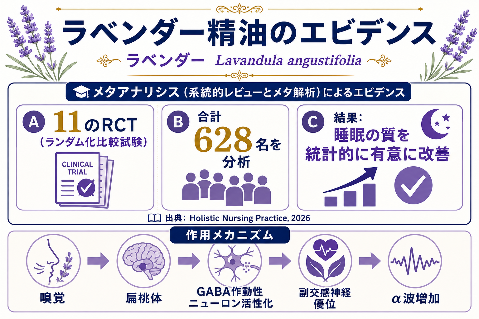 【完全ガイド】睡眠の質を上げる5つの栄養素とアロマ|マグネシウム・ラベンダーの科学的根拠 40 図解: ラベンダー精油のエビデンスまとめ(メタ分析11RCT・628名の結果)