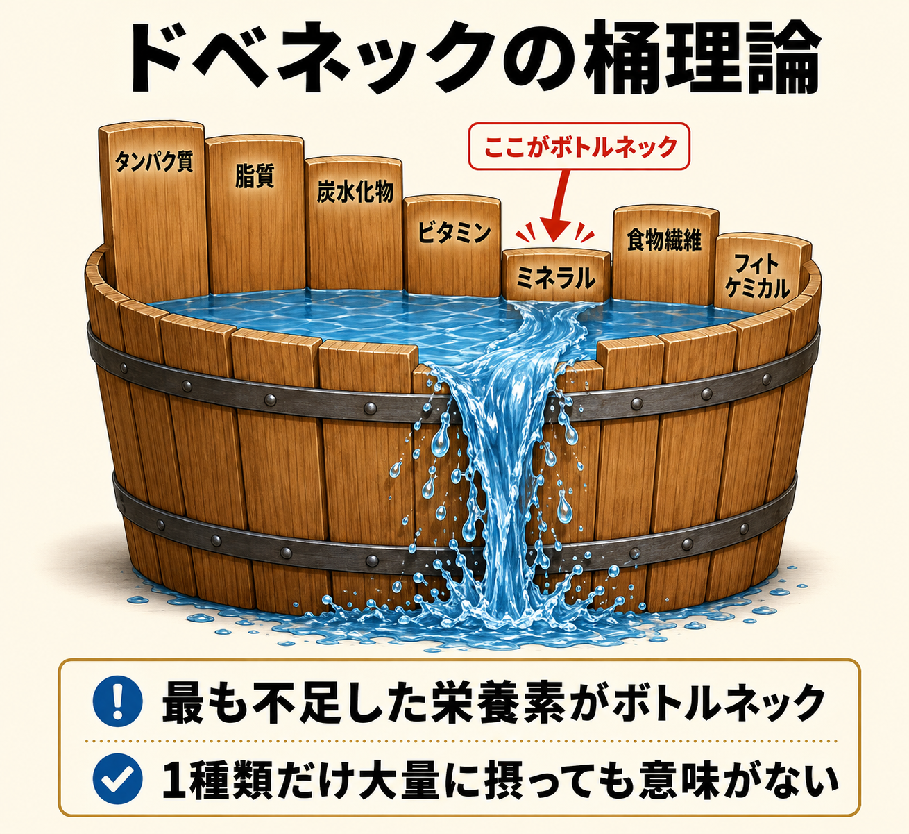 ドベネックの桶理論図解（高さがバラバラの板=ミネラル、一番低い板から水が溢れる）