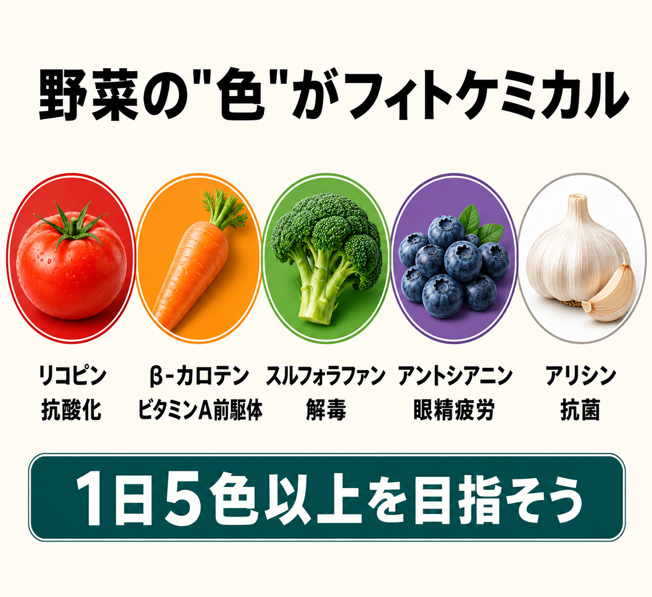 フィトケミカル分類×野菜の色対応表（カラフルな食材写真+物質名+効能）