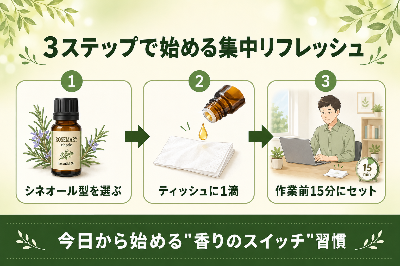 集中力を高める精油の科学 ── ローズマリーの1,8-シネオールが脳に届くメカニズム 45 section 03