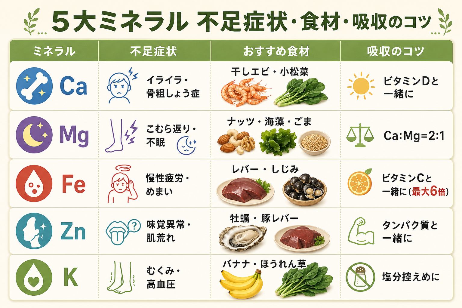 ミネラル不足が招く5つの不調|現代人に足りないミネラルと食事・補給ガイド 9 5大ミネラル 不足症状・食材・吸収のコツ