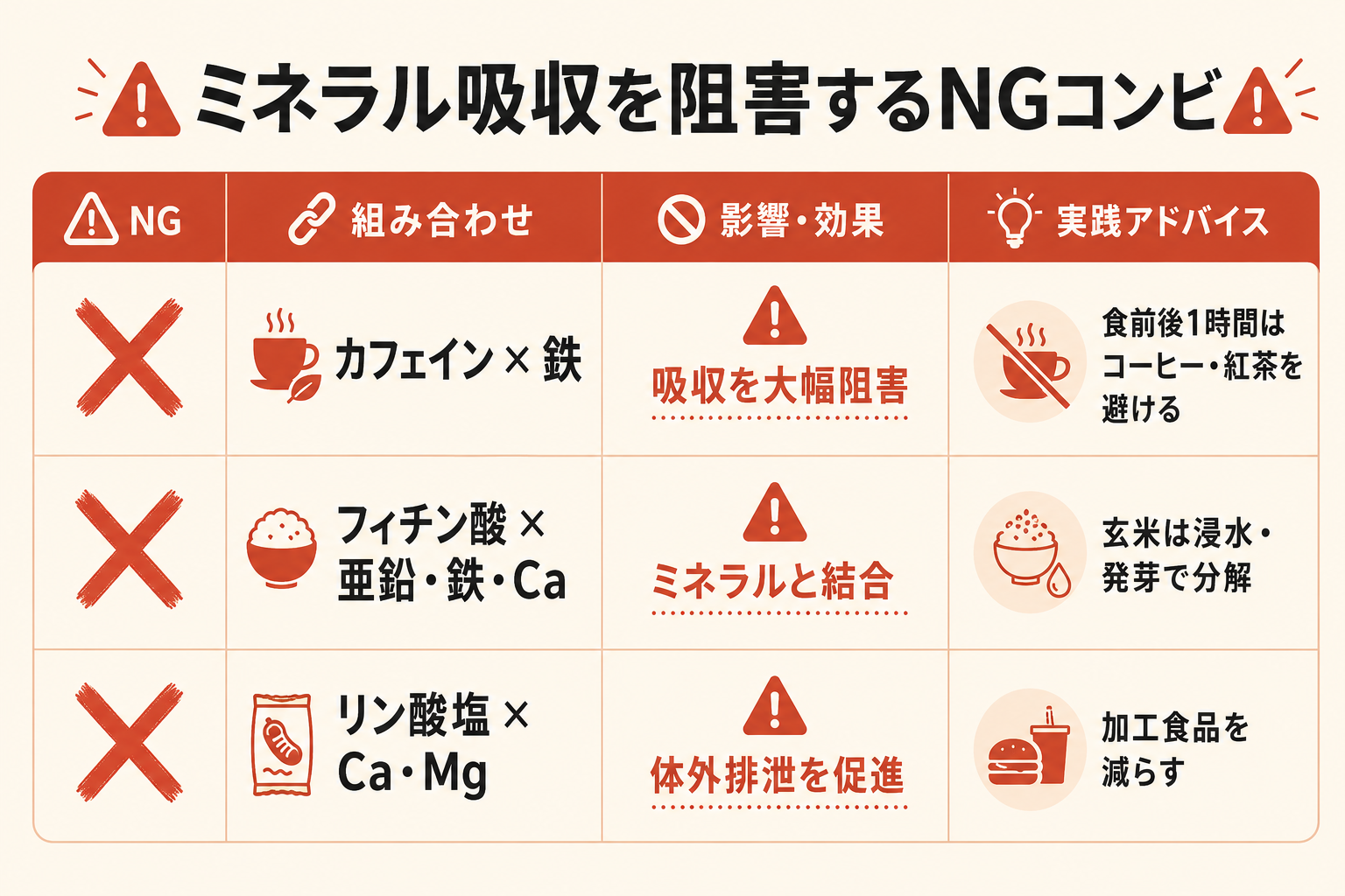 ミネラル不足が招く5つの不調|現代人に足りないミネラルと食事・補給ガイド 64 ミネラル吸収を阻害するNGコンビ