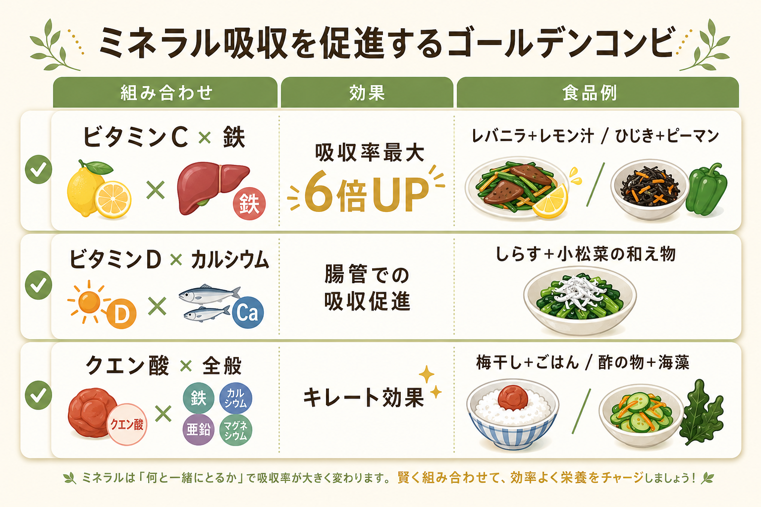 ミネラル不足が招く5つの不調|現代人に足りないミネラルと食事・補給ガイド 63 ミネラル吸収を促進するゴールデンコンビ