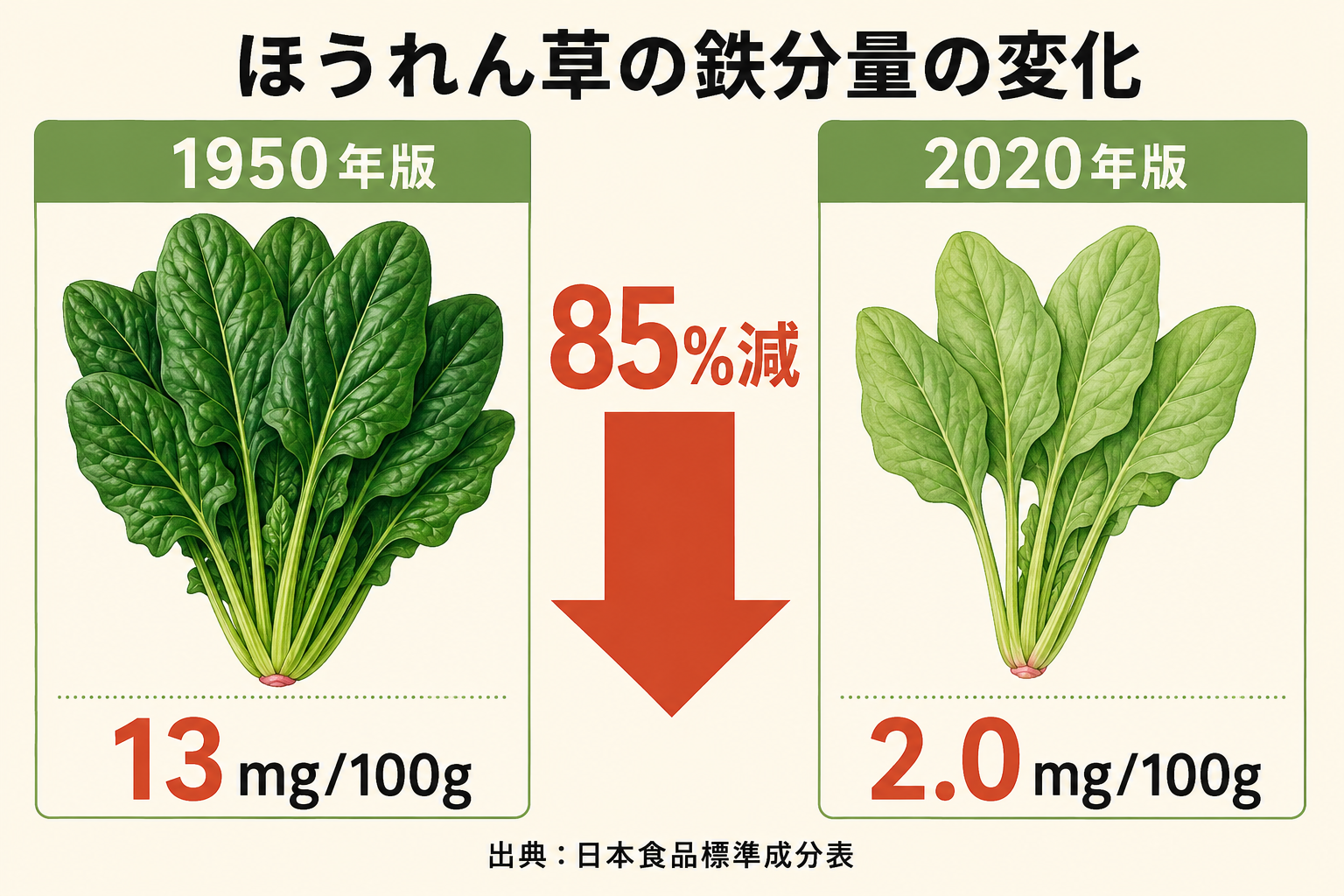 ミネラル不足が招く5つの不調|現代人に足りないミネラルと食事・補給ガイド 44 ほうれん草の鉄分量の変化