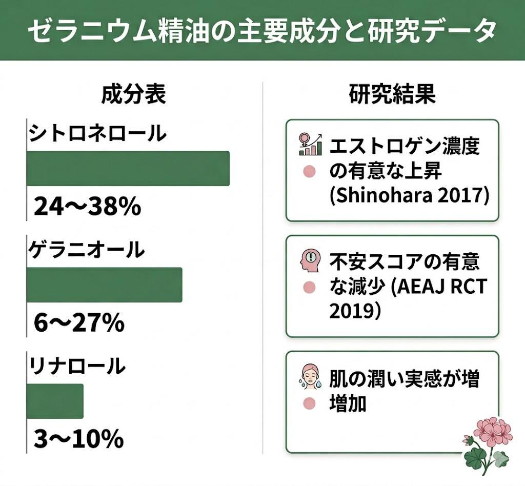 ゼラニウム精油の主要成分と研究データ
