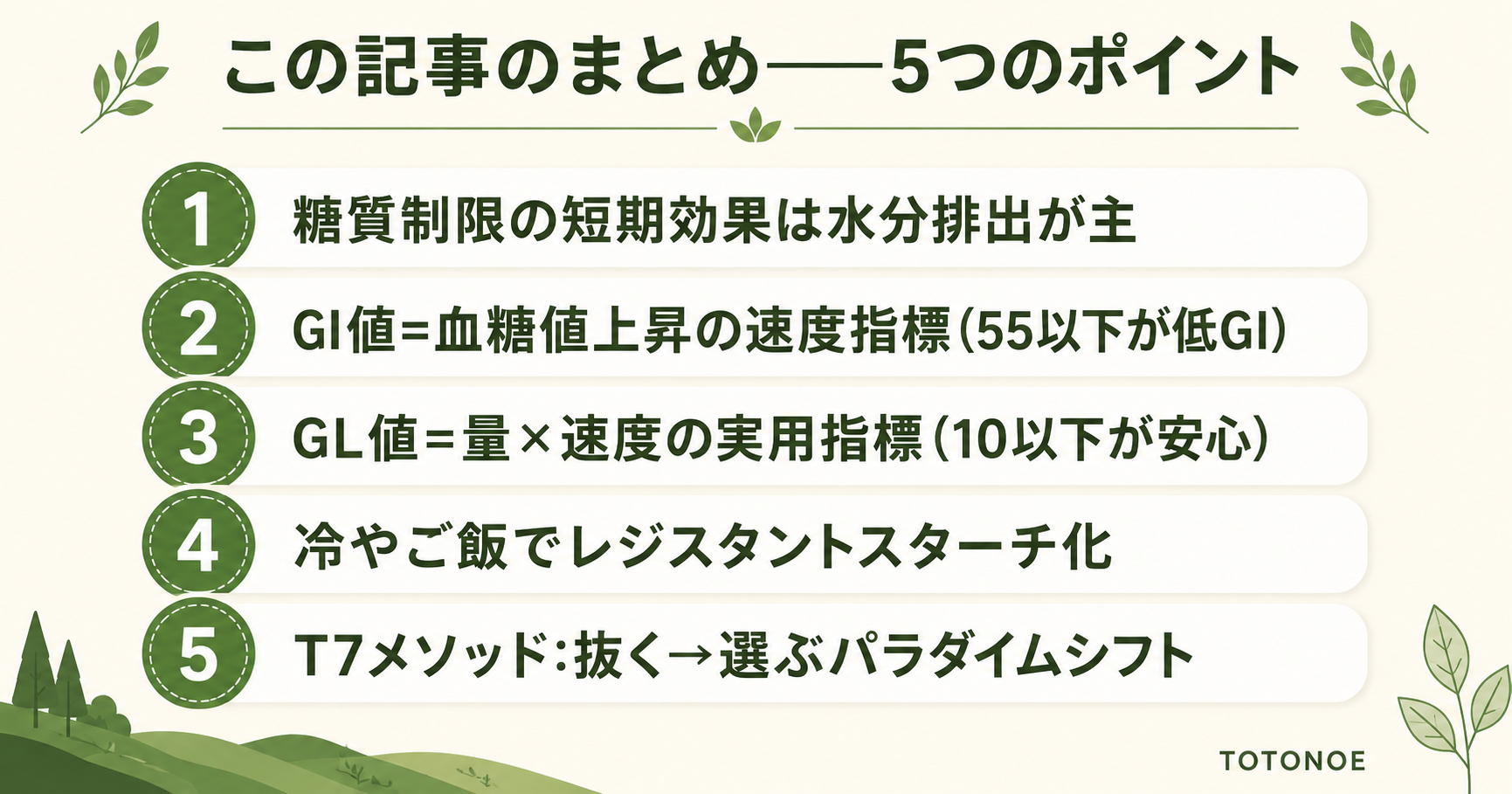 糖質制限の落とし穴──GI値で食材を判断する方法 22 この記事のまとめ 5つのポイント