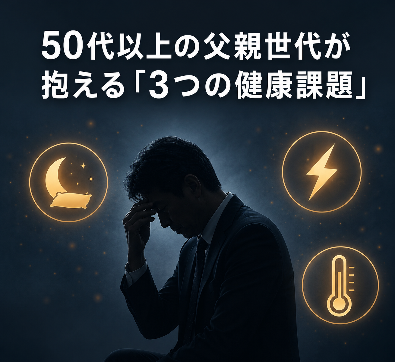 父の日に"健康"を贈る ── 50代からの睡眠・ストレスケアに精油が選ばれる理由 3 見出し: 50代以上の父親世代が抱える3つの健康課題