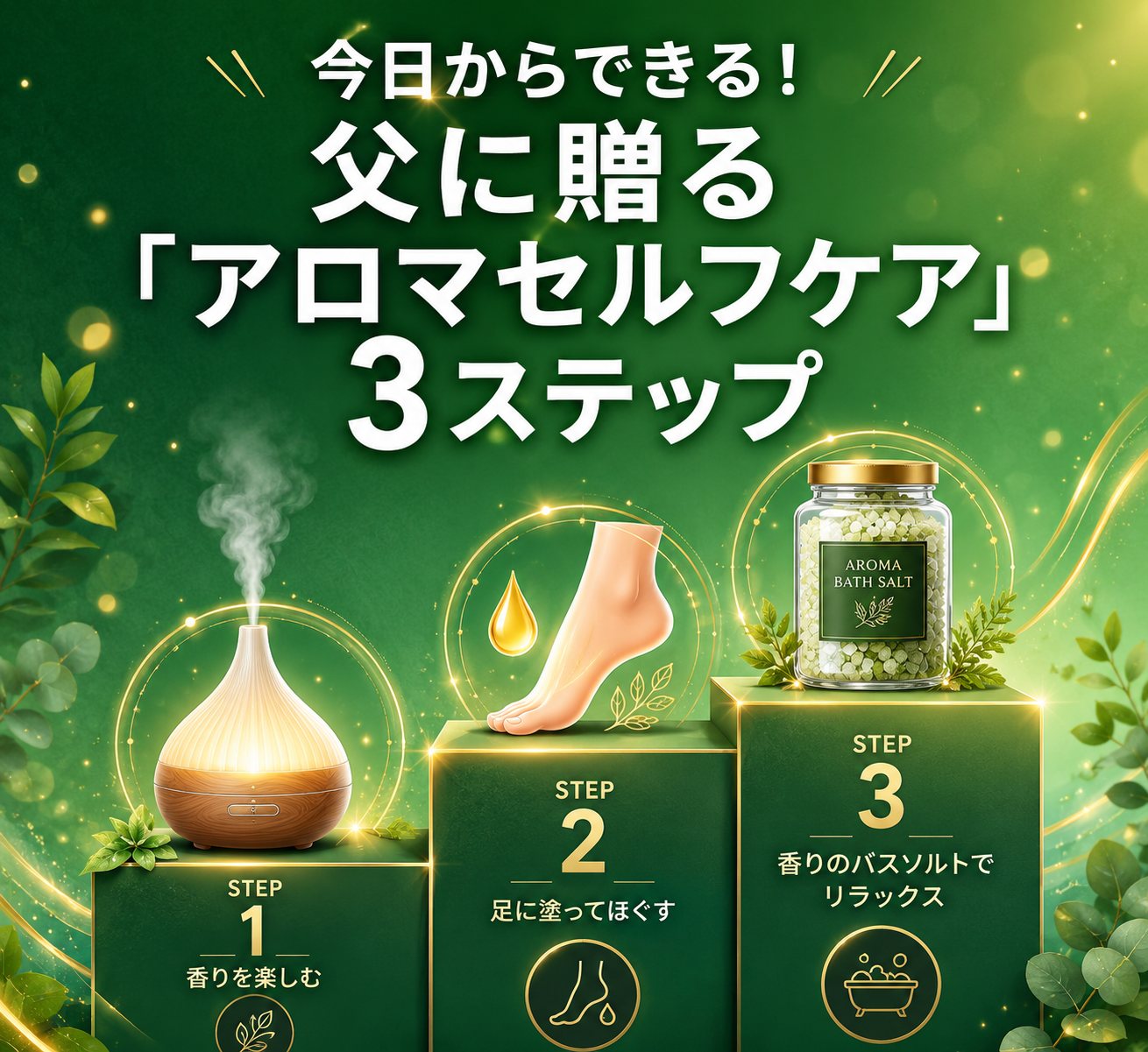 父の日に"健康"を贈る ── 50代からの睡眠・ストレスケアに精油が選ばれる理由 26 見出し: 父に贈るアロマセルフケア3ステップ