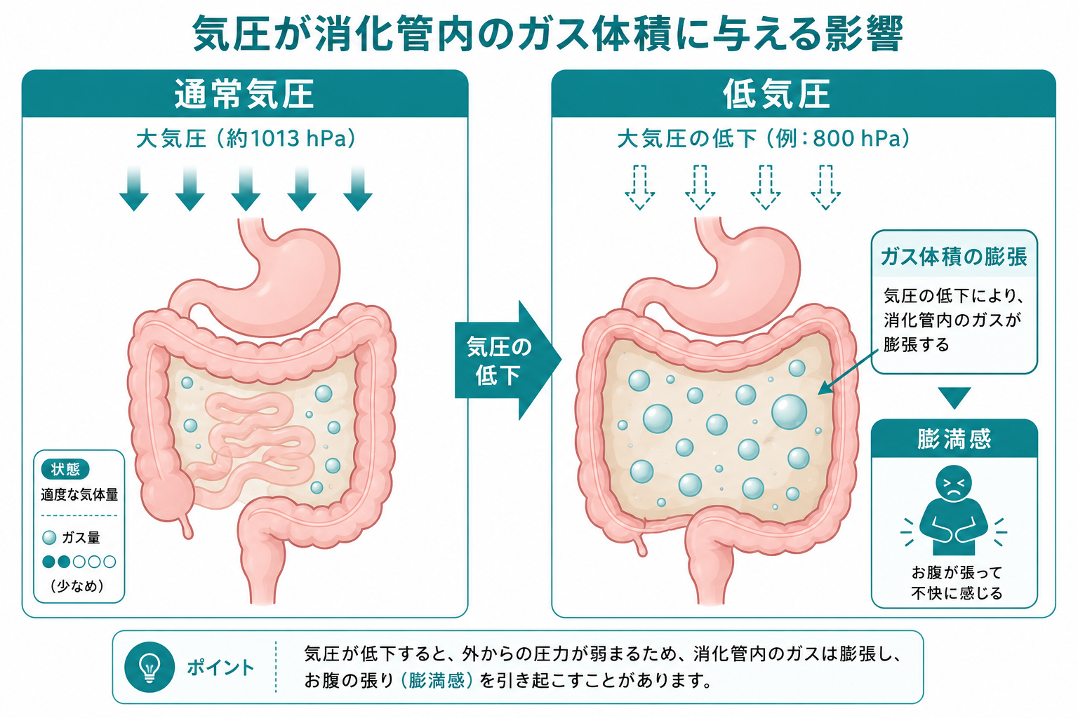 気圧とガス体積の関係──低気圧でお腹が張る仕組み