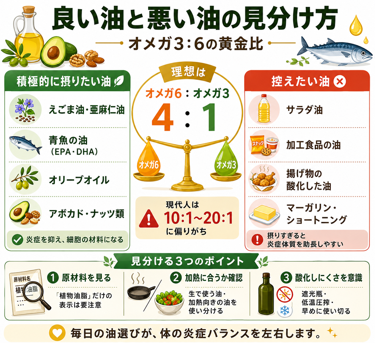 良い油と悪い油の見分け方 ── オメガ3:6の黄金比で体が変わる理由 13 良い油と悪い油の見分け方 概要図