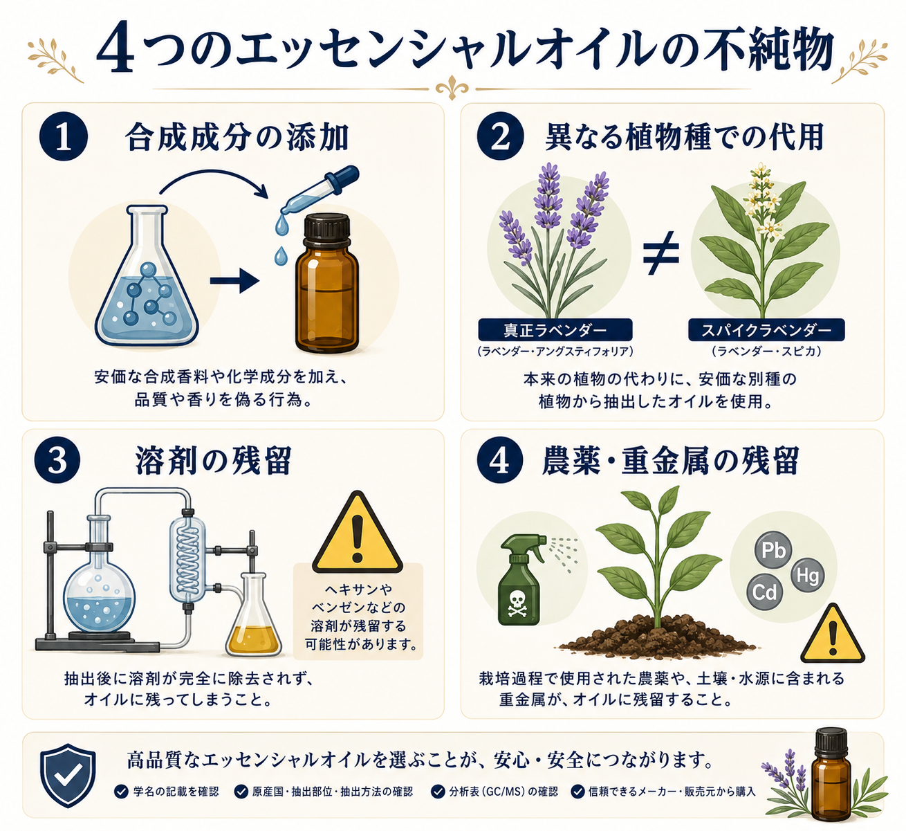 doTERRAのCPTG品質基準を完全解説|8つの検査で守られる精油の真実 5 精油市場の品質問題を示す図解:不純物混入の4パターン
