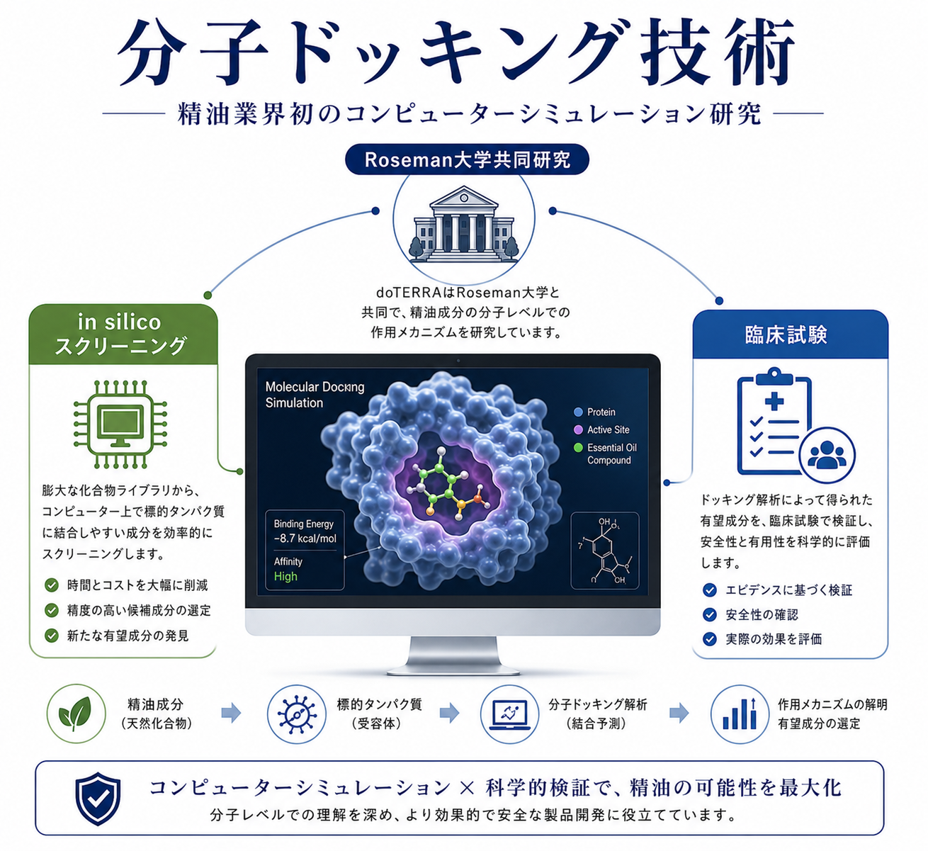 doTERRAのCPTG品質基準を完全解説|8つの検査で守られる精油の真実 52 分子ドッキング技術の概念図:コンピューターシミュレーションによる精油成分×タンパク質の相互作用予測