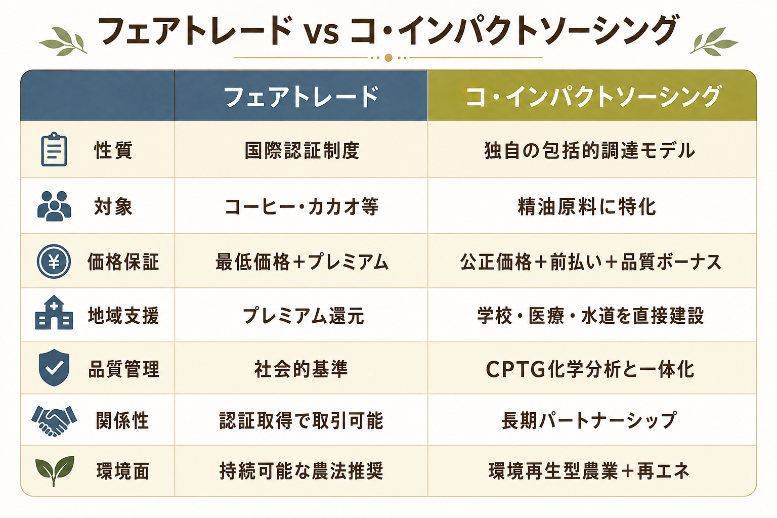 doTERRAの精油はなぜ高い?コ・インパクトソーシングで変わる「1滴の価値」 20 図解: フェアトレード vs CIS比較表のビジュアル版