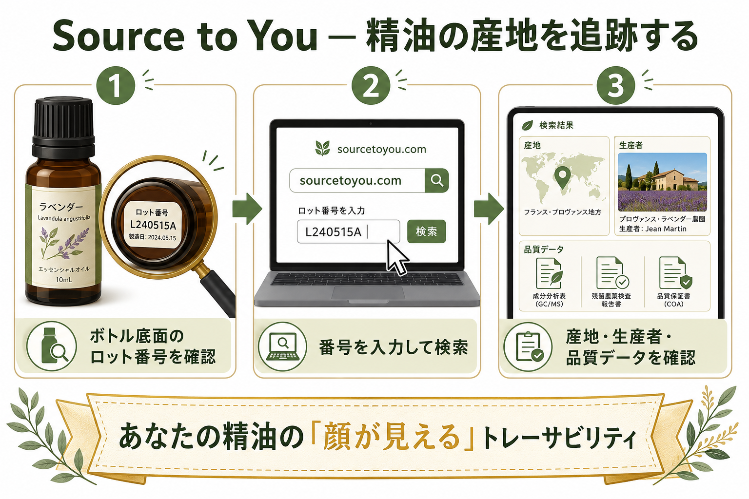 doTERRAの精油はなぜ高い?コ・インパクトソーシングで変わる「1滴の価値」 37 図解: Source to Youの使い方(ボトル→ロット番号入力→産地情報)