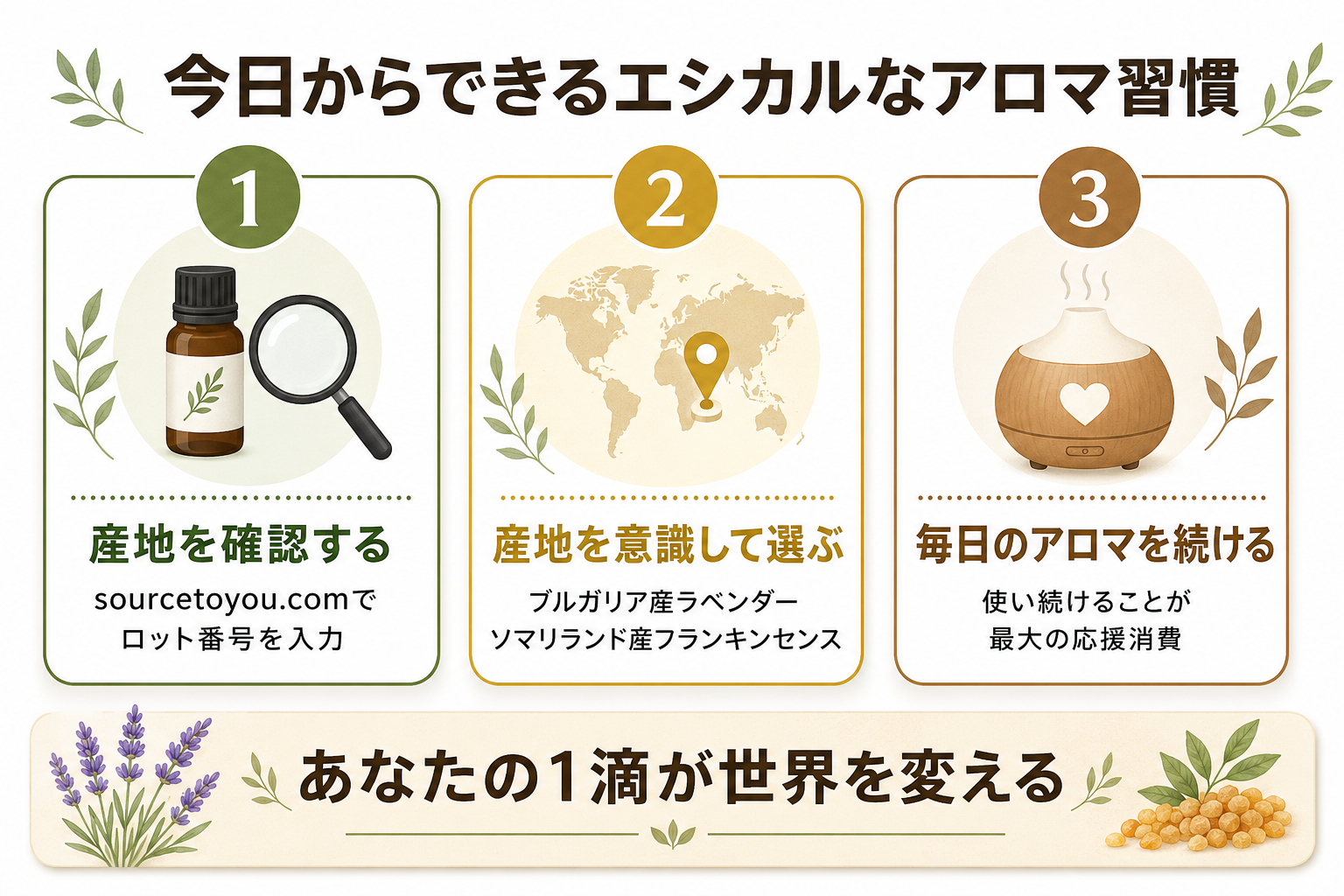 doTERRAの精油はなぜ高い?コ・インパクトソーシングで変わる「1滴の価値」 39 図解: エシカルなアロマ習慣3ステップ