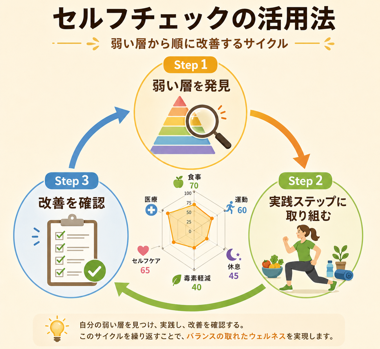 図解: セルフチェック結果の活用法（弱い層→実践ステップ→改善のサイクル）
