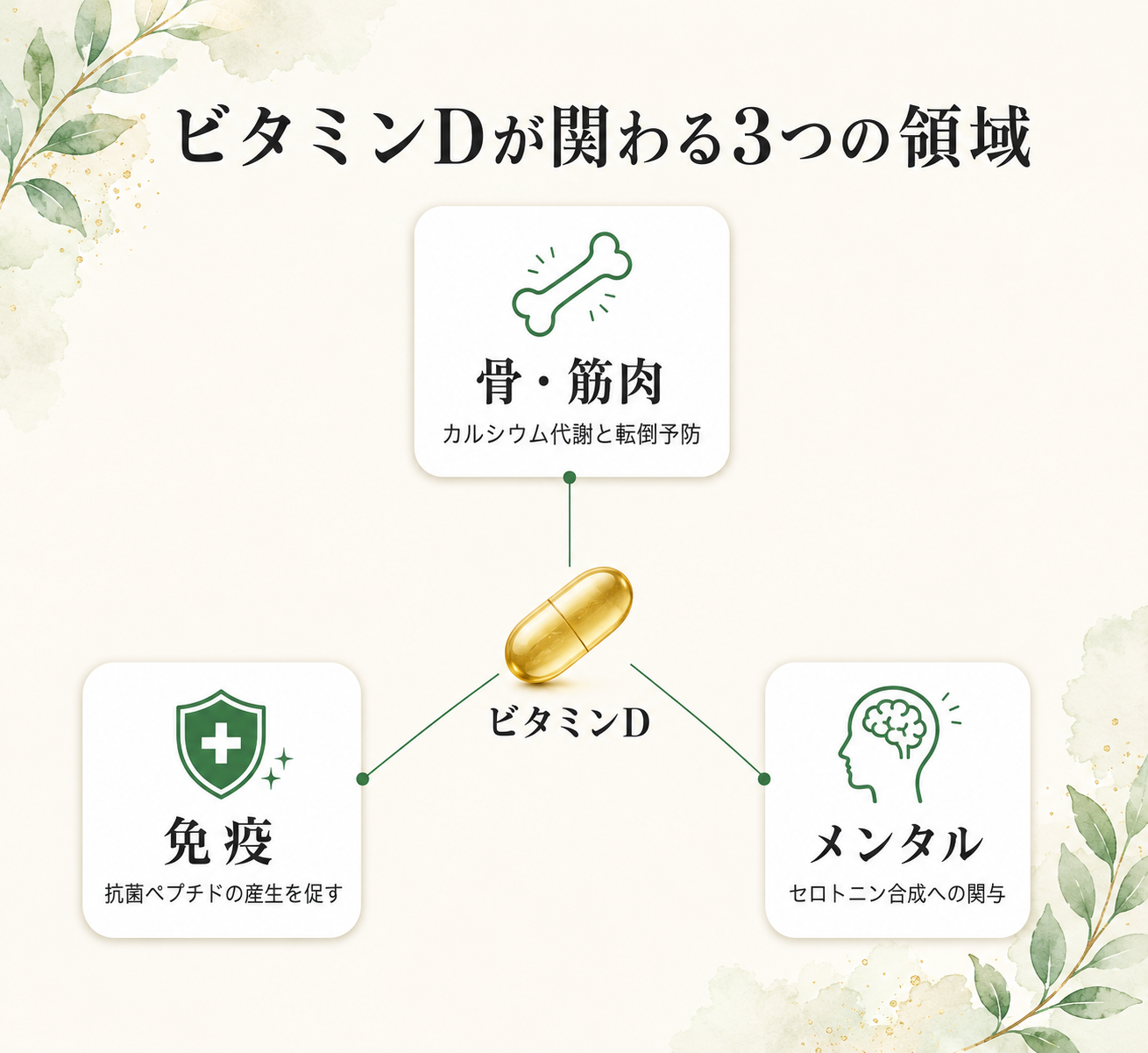 日本人の多くが足りていない"ビタミンD"──免疫・骨・メンタルの科学 16 図解: ビタミンDが関わる3つの領域