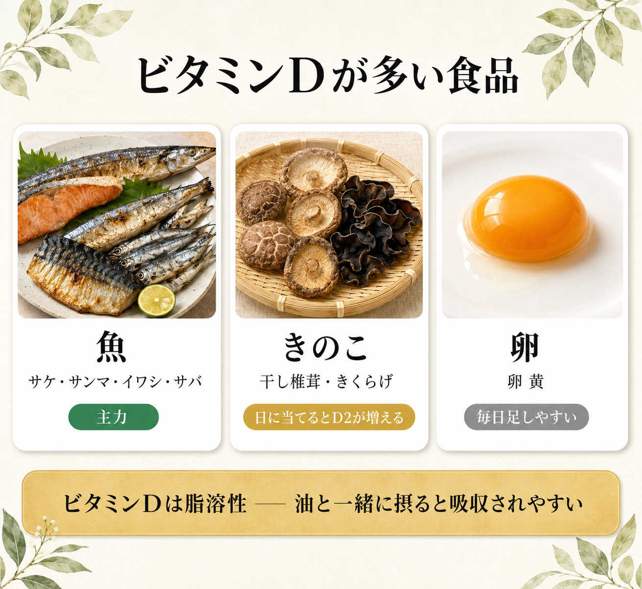 日本人の多くが足りていない"ビタミンD"──免疫・骨・メンタルの科学 44 図解: ビタミンDが多い食品