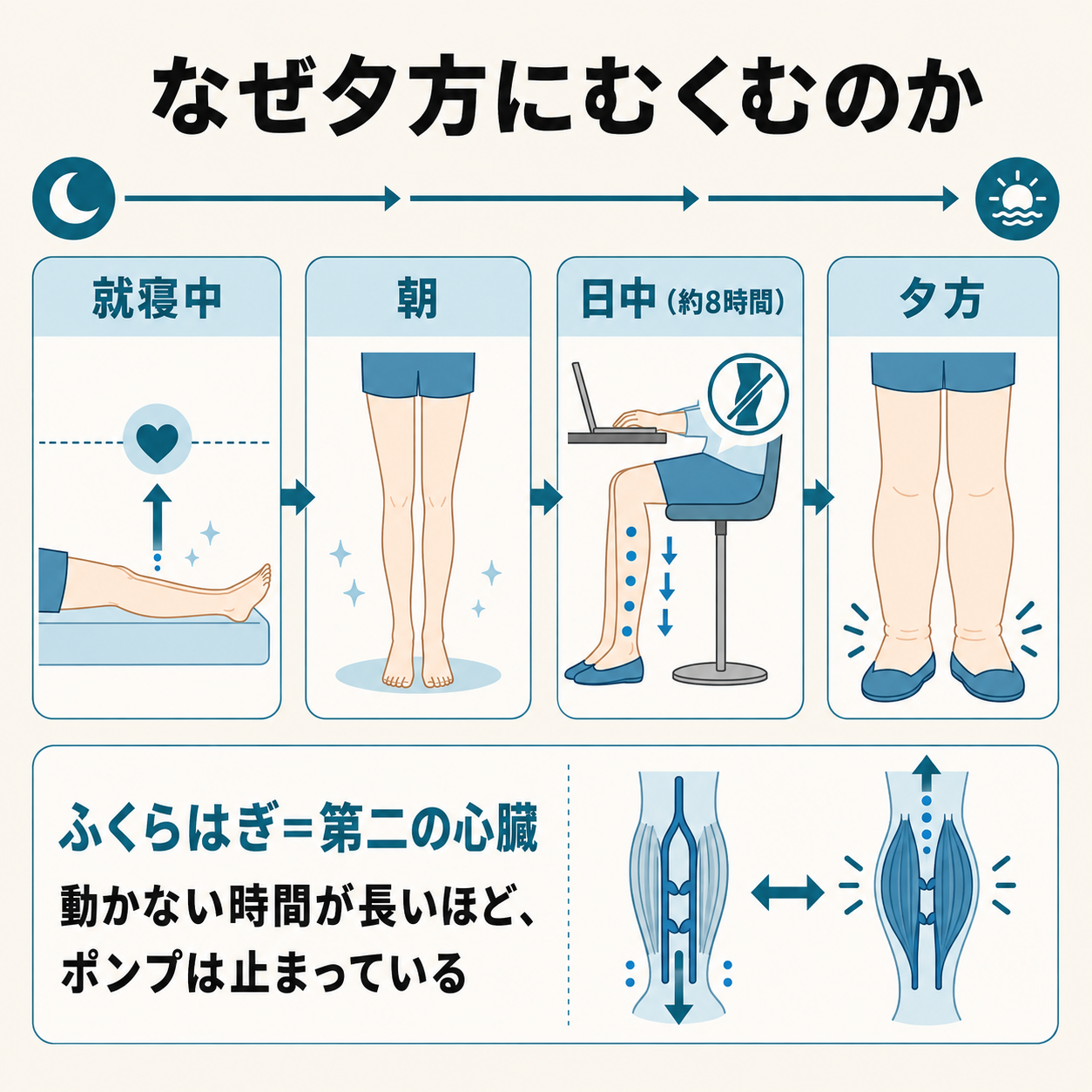 夕方に足のむくみが出る理由｜朝から夕方までの体液移動とふくらはぎの筋ポンプのタイムライン