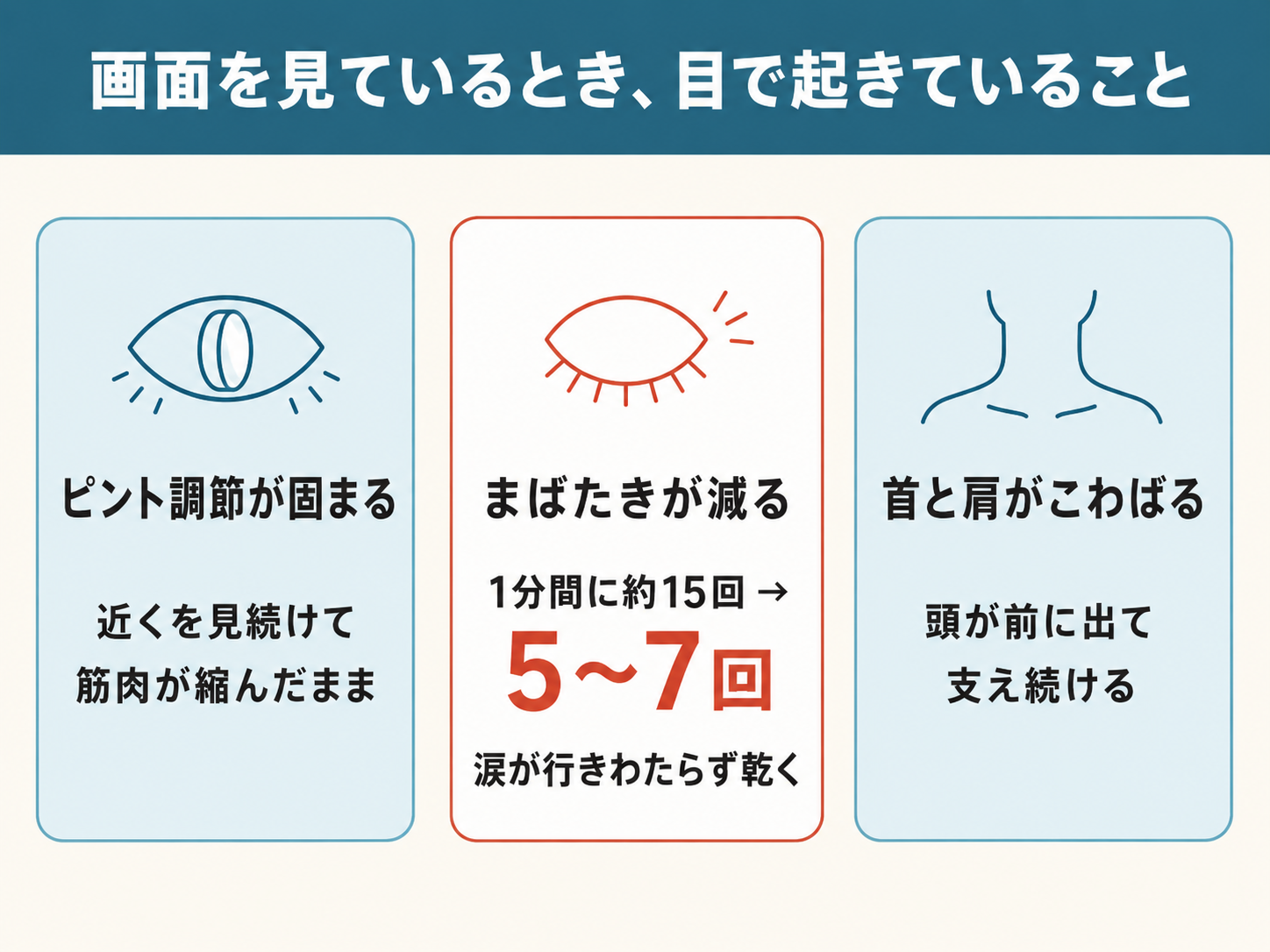 画面を見ているとき目で起きていること｜ピント調節の固まりとまばたきが1分間15回から5〜7回へ減る図解