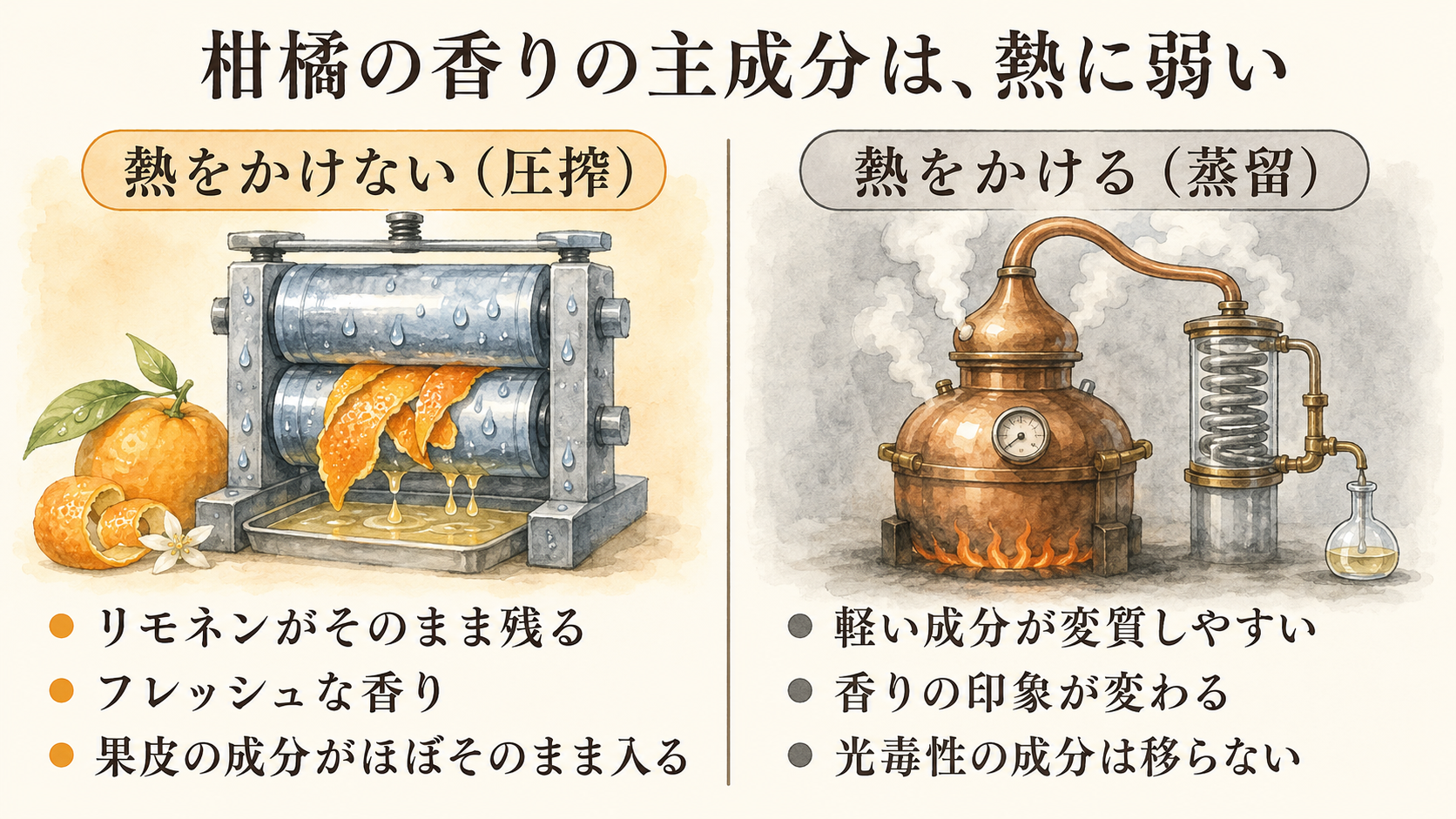 熱をかけない圧搾と熱をかける蒸留の対比図