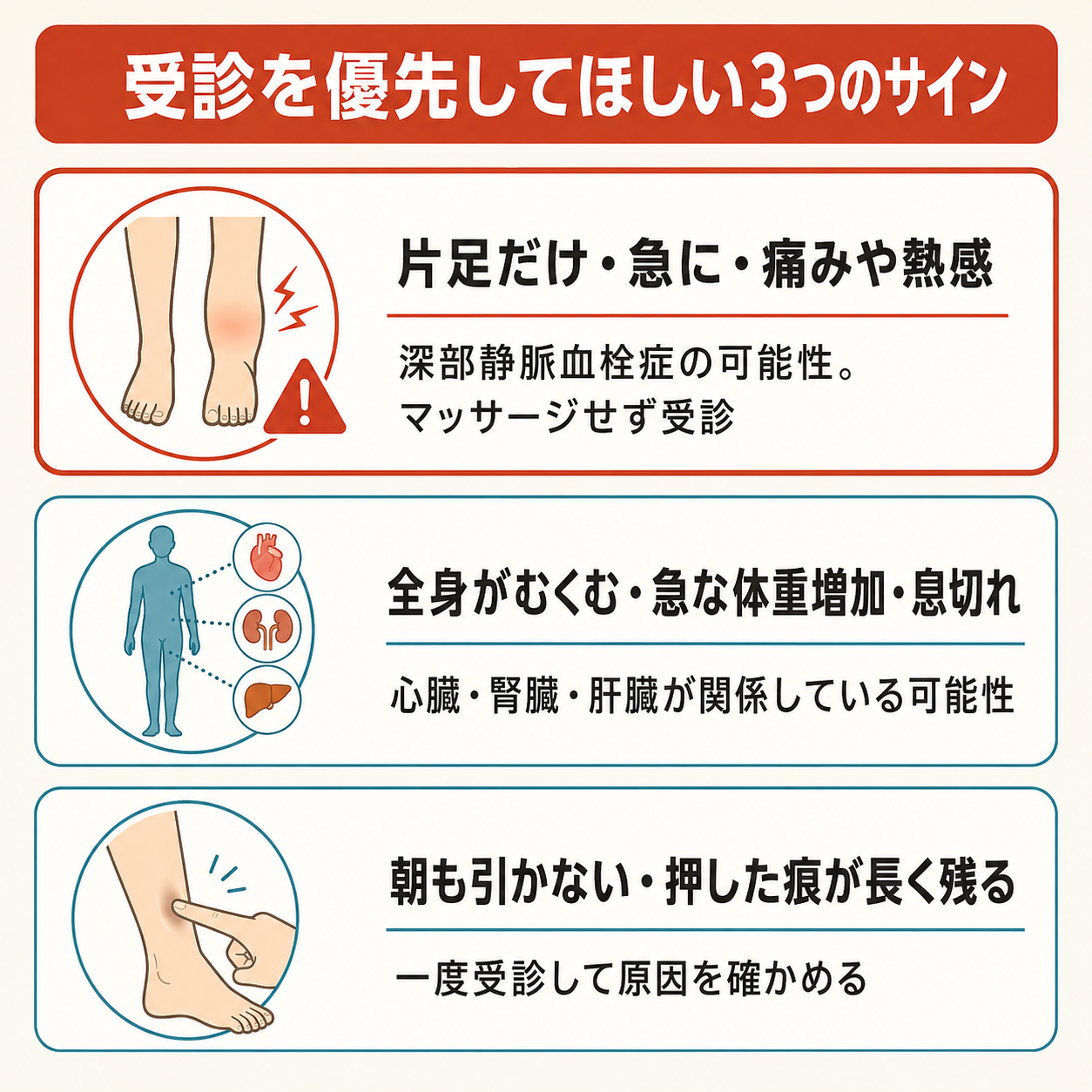 受診を優先すべき足のむくみ3つのサイン｜片側だけ・全身性・朝も引かない
