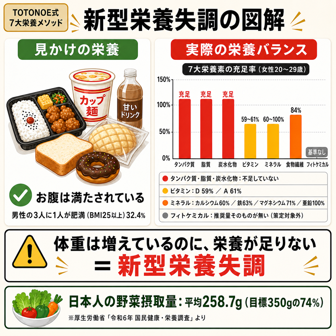 新型栄養失調の図解（カロリー充足×微量栄養素不足の対比）