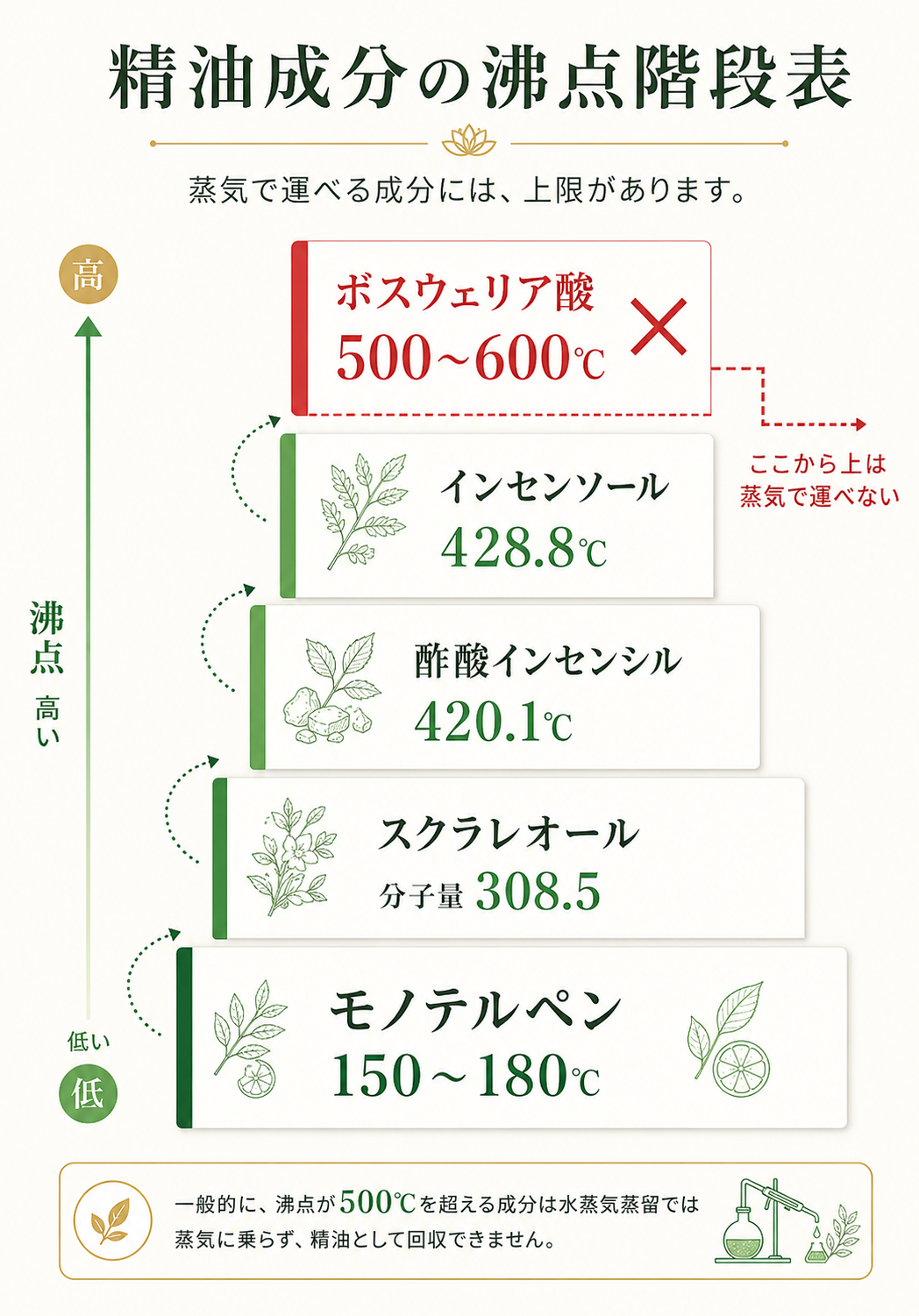 沸点の階段図（モノテルペン→ジテルペン→インセンソール→ボスウェリア酸）
