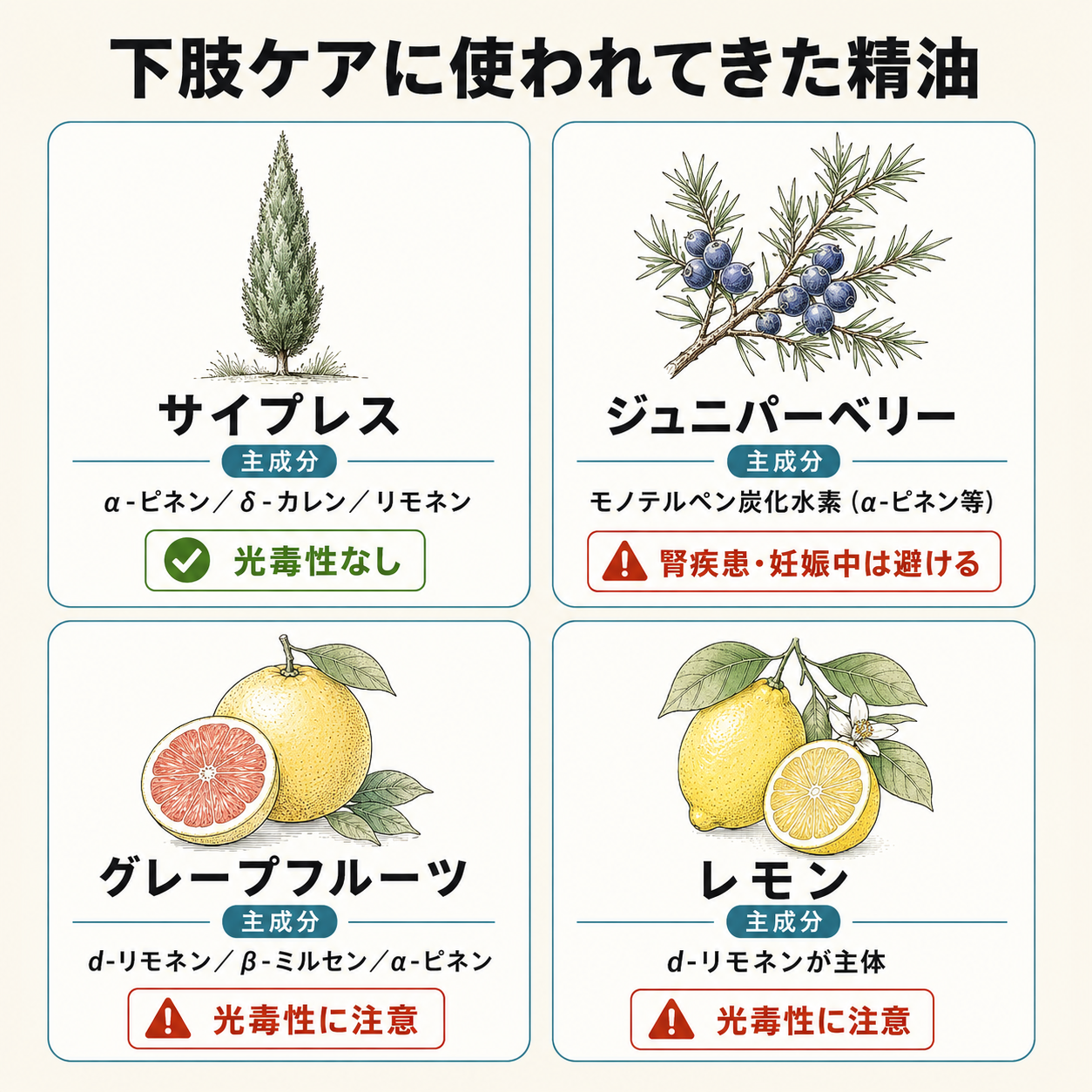 足のむくみアロマに使われる4つの精油｜サイプレス・ジュニパーベリー・グレープフルーツ・レモンの主成分比較
