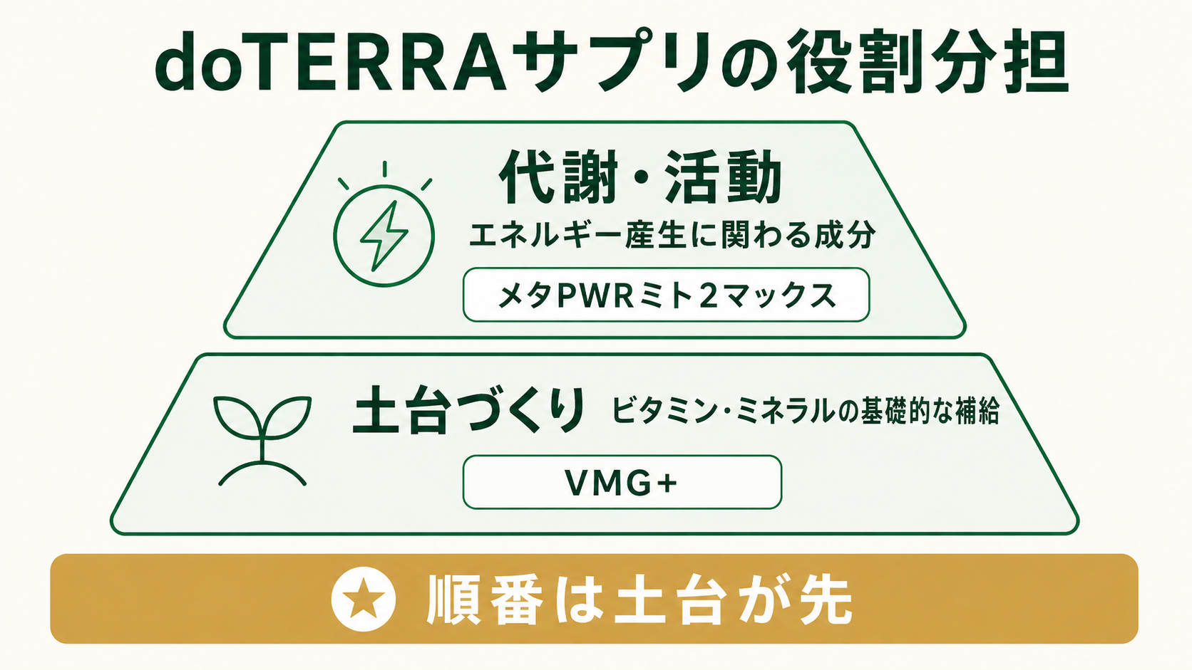 メタPWRミト2マックスとは|成分・飲み方・価格を公式情報で徹底解説 46 doTERRAサプリの役割分担(土台づくりのVMG+と代謝・活動のメタPWRミト2マックス)