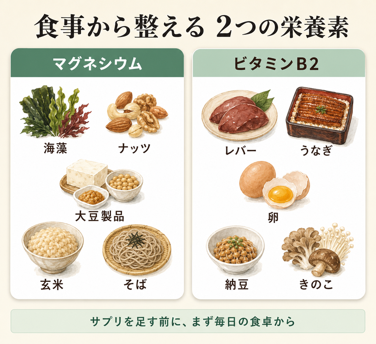 ペパーミント精油は頭痛に使える?──こめかみ塗布の希釈率と6つの禁忌をエビデンスで解説 34 マグネシウムとビタミンB2を含む食材