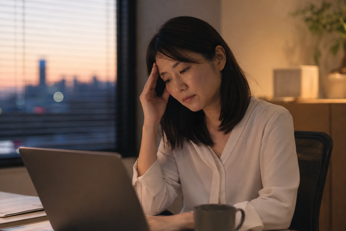 クラリセージとクラリカームの選び方・使い方──PMS・生理前の不調に【マグネシウム・ビタミンB6も】 9 夕方のオフィスデスクでこめかみを指で押さえている30代女性。窓の外は薄暮でブラインド越しに淡い光。デスクにはノートパソコ