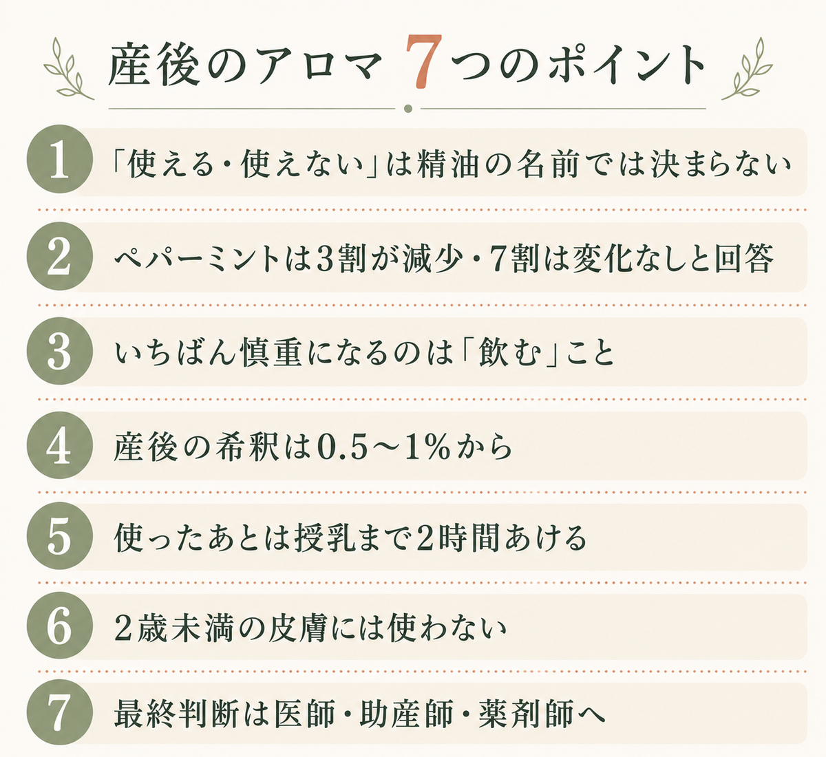 授乳中に使える精油・避ける精油─産後のアロマ安全ガイド 60 産後のアロマ7つのポイントまとめ|希釈・授乳までの時間・月齢の線引き・最終判断は医師へ