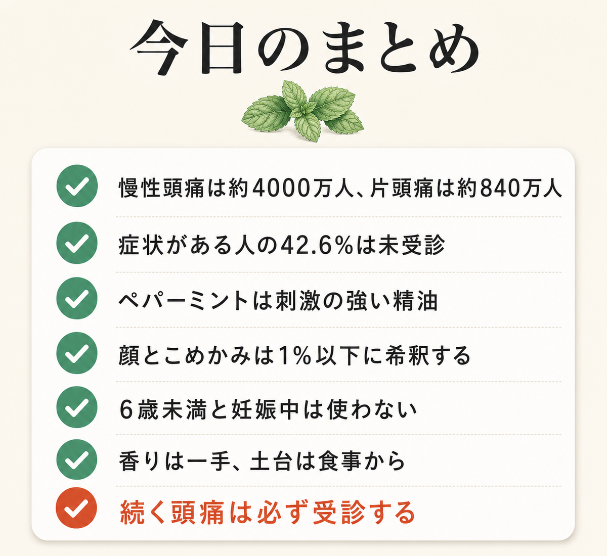 ペパーミント精油は頭痛に使える?──こめかみ塗布の希釈率と6つの禁忌をエビデンスで解説 52 記事のまとめチェックリスト