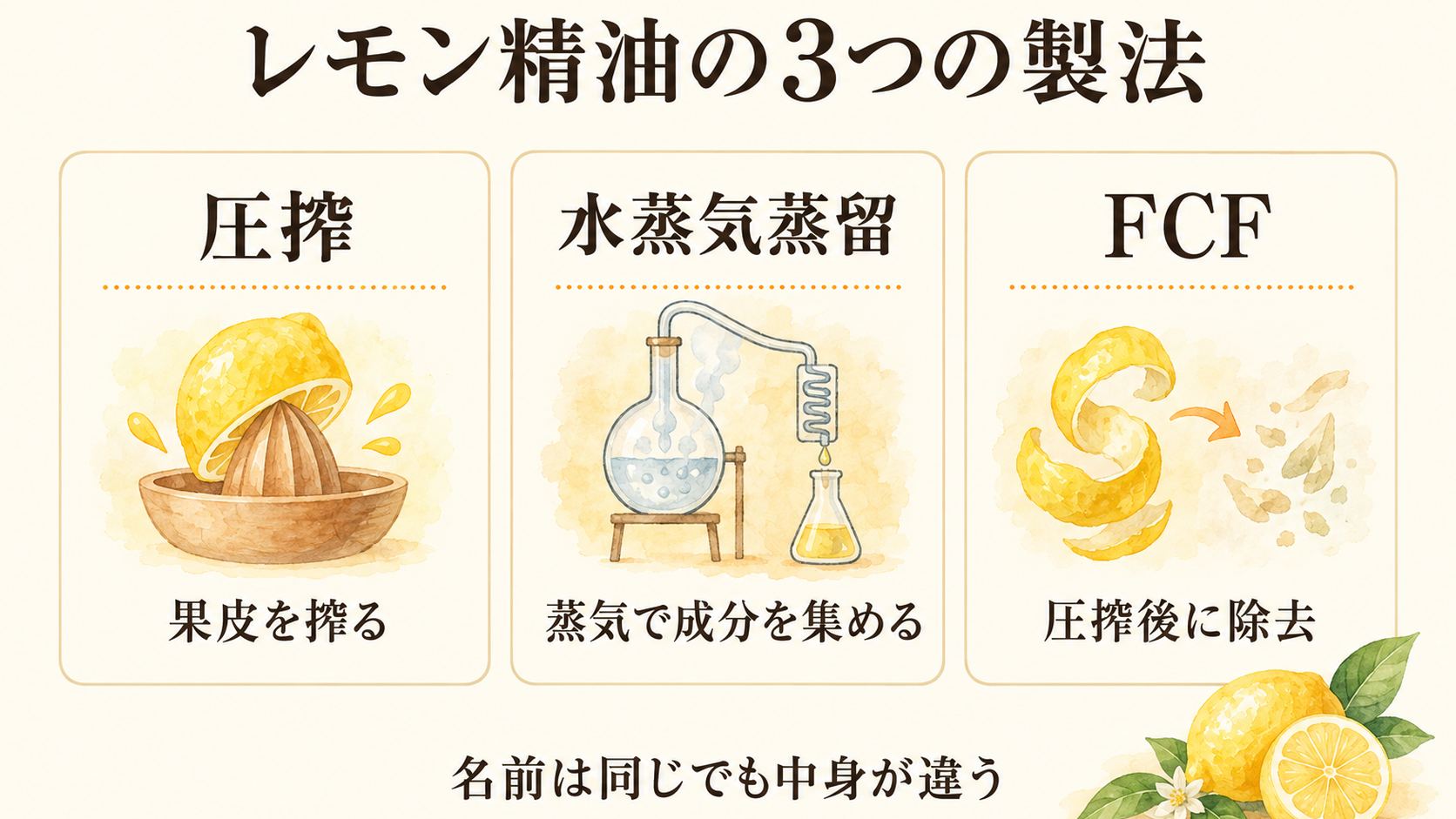 レモン精油は"製法"で肌向きが変わる|圧搾・蒸留・FCFの違いと選び方 5 レモン精油の3つの製法|圧搾・水蒸気蒸留・FCFの違いを並べた図