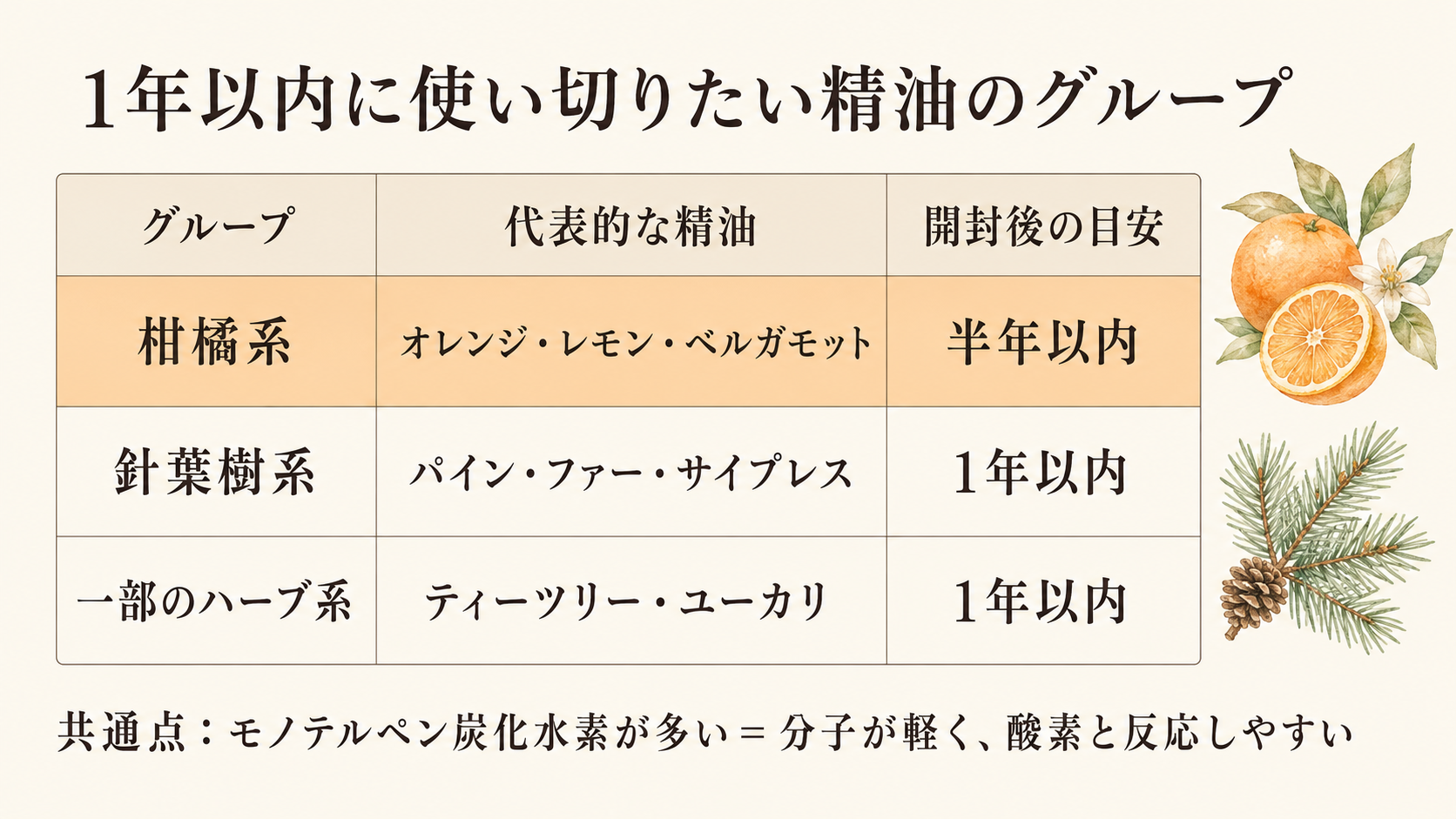 1年以内に使い切りたい精油のグループ表。柑橘系・針葉樹系・一部のハーブ系