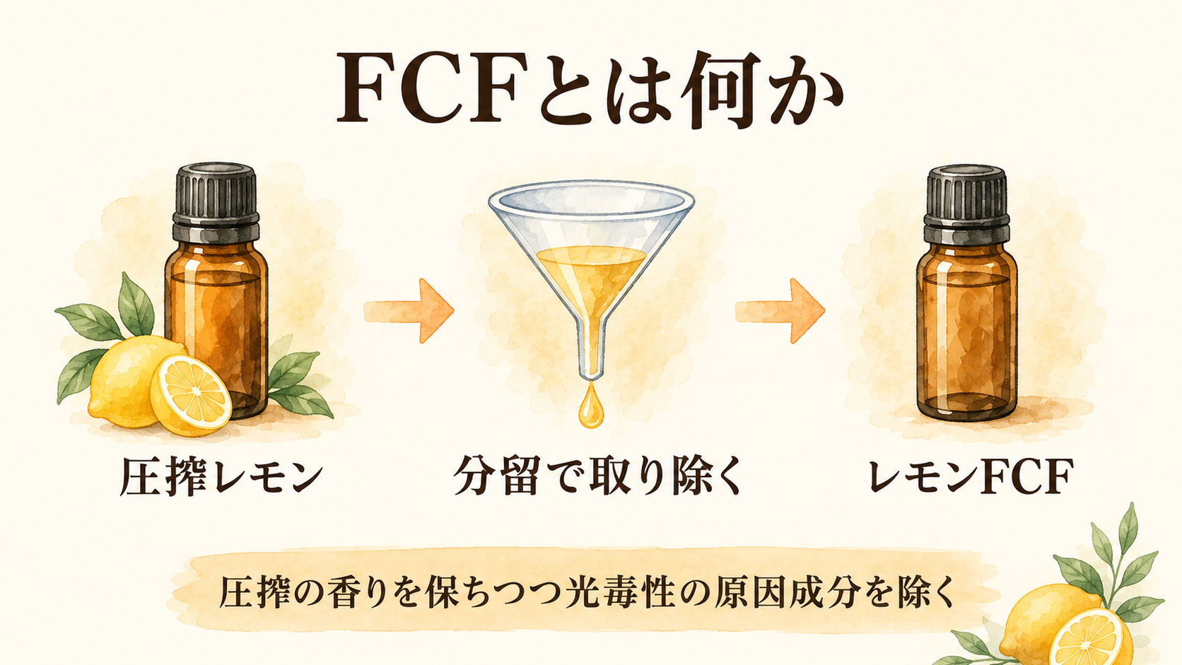 レモン精油は"製法"で肌向きが変わる|圧搾・蒸留・FCFの違いと選び方 20 FCFとは何か|圧搾レモンから分留でフロクマリン類を取り除きレモンFCFになる流れ
