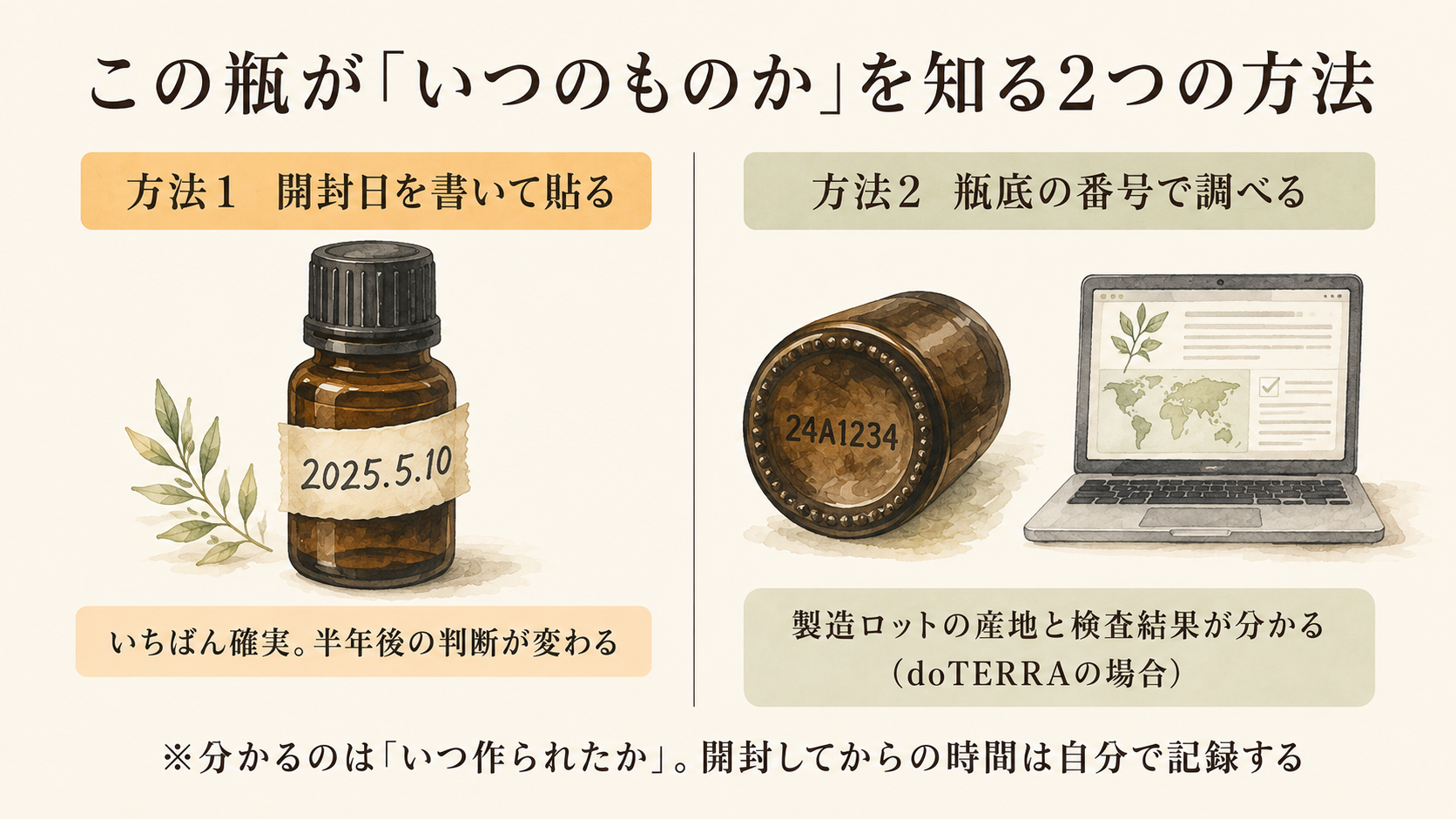 精油がいつのものかを調べる2つの方法。開封日をテープに書く方法と、瓶底の番号で調べる方法