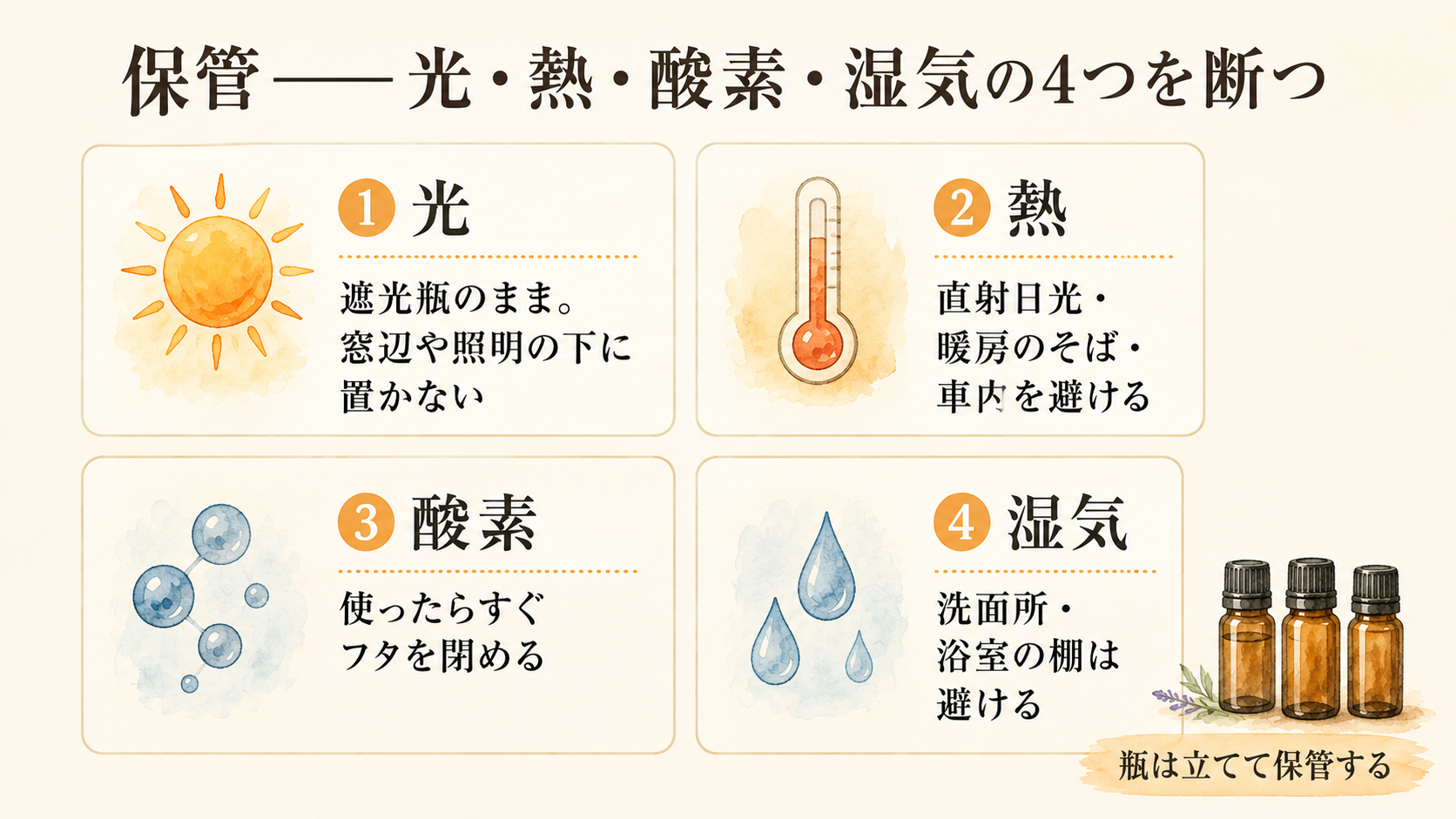 精油の保管で避けたい4つの要因と対策。光・熱・酸素・湿気