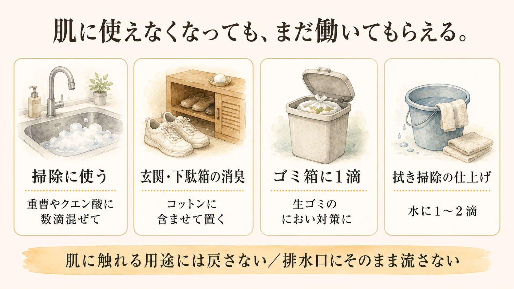期限を過ぎた精油の使い道4つ。掃除・下駄箱の消臭・ゴミ箱・拭き掃除
