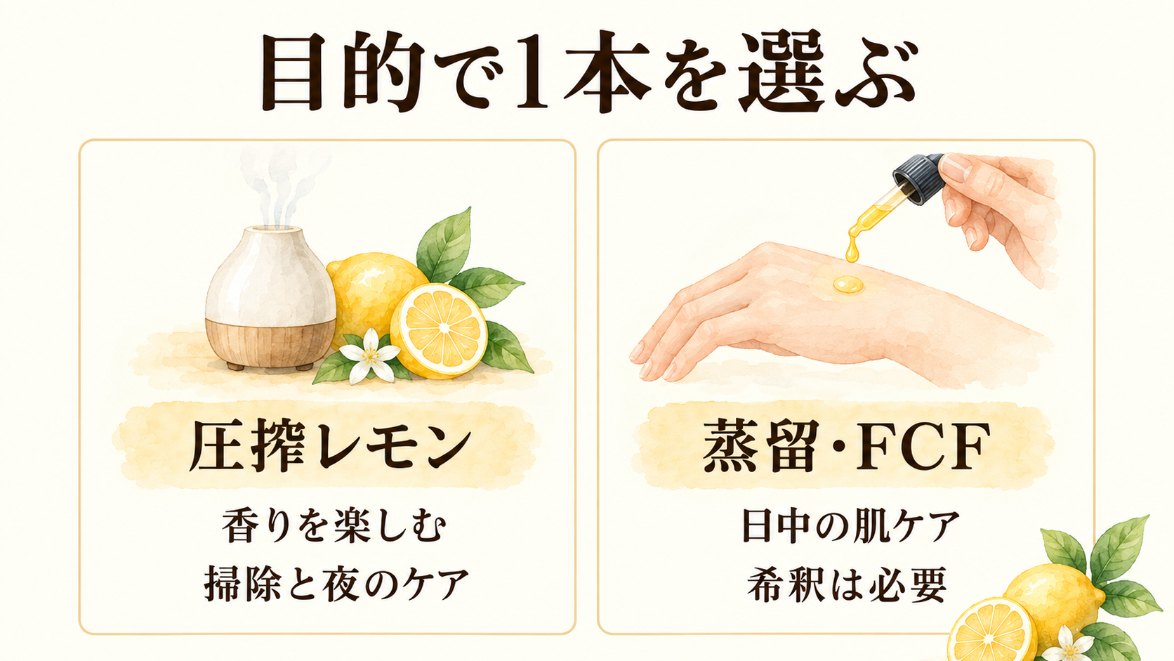 レモン精油は"製法"で肌向きが変わる|圧搾・蒸留・FCFの違いと選び方 40 目的で1本を選ぶまとめ図|圧搾レモンは香りと掃除と夜のケア、蒸留とFCFは日中の肌ケア